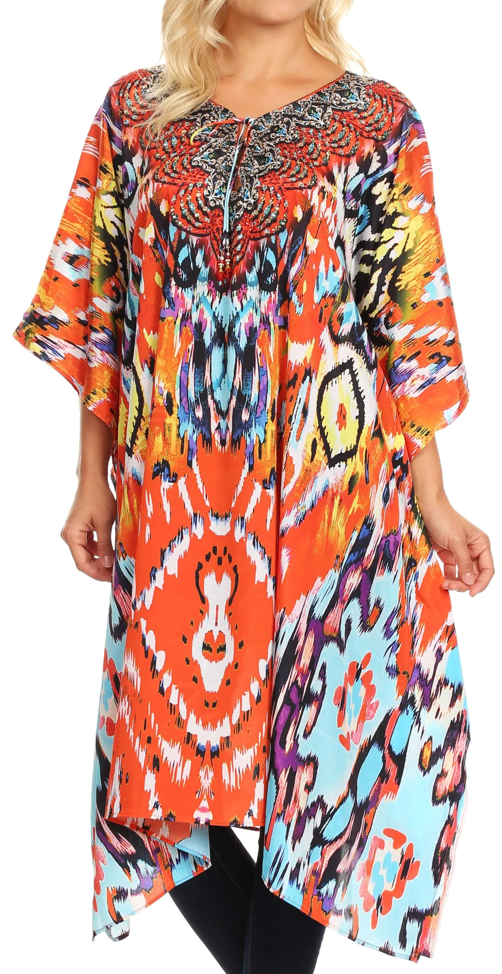 Sakkas Jenni Women's Mid Length Boho Caftan Kaftan Dress Cover up Flowy Rhinestone