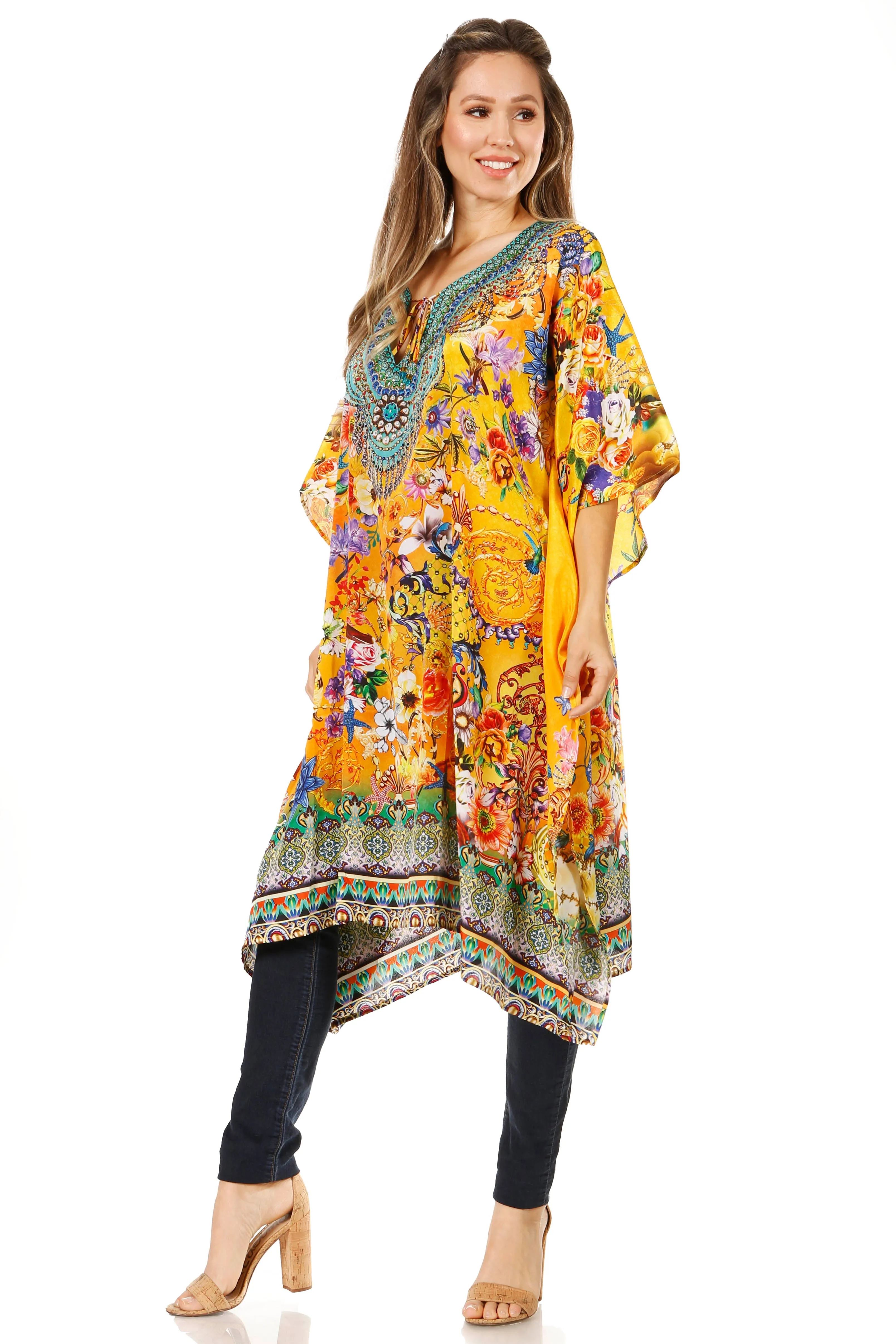 Sakkas Jenni Women's Mid Length Boho Caftan Kaftan Dress Cover up Flowy Rhinestone