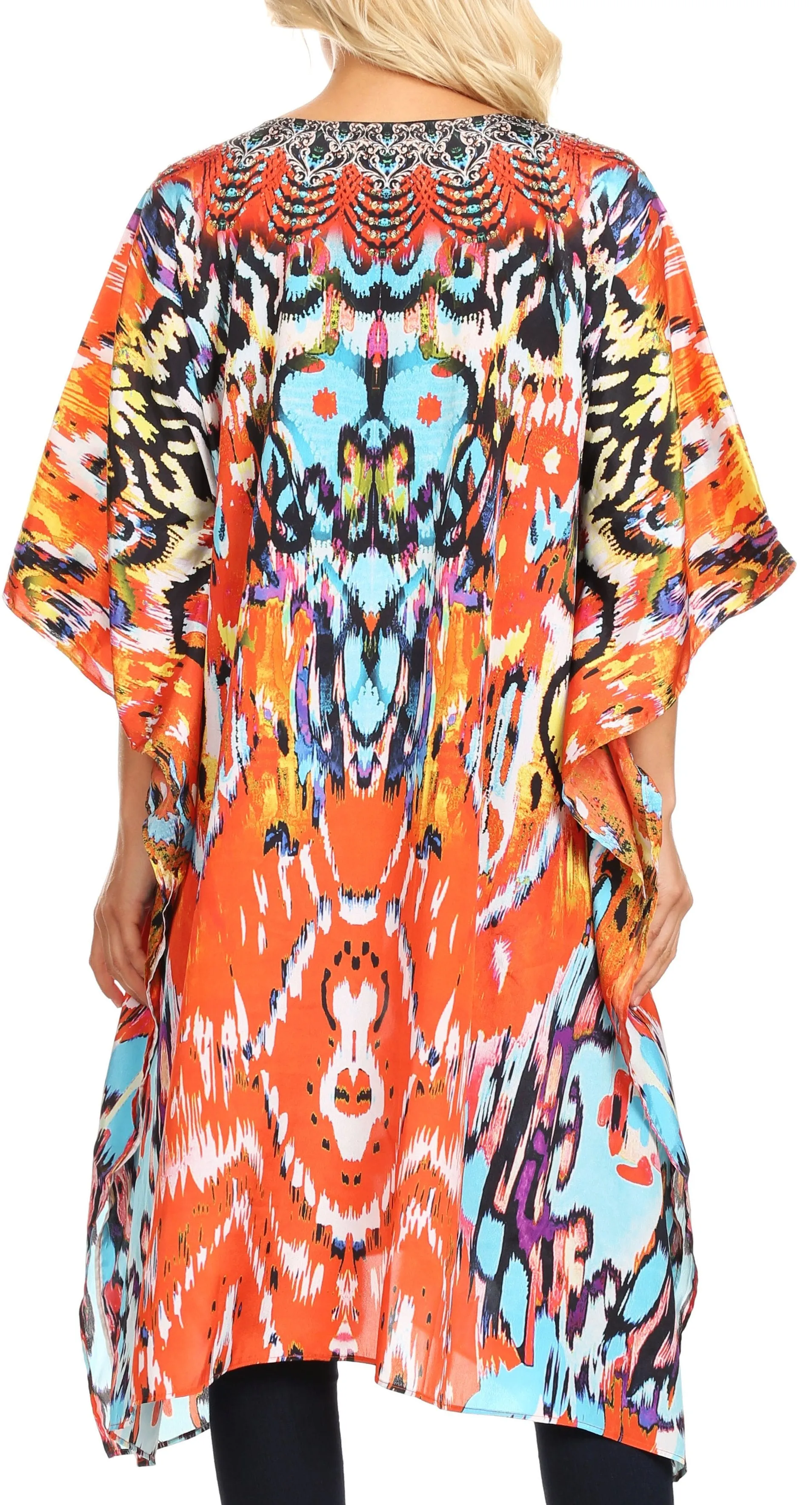 Sakkas Jenni Women's Mid Length Boho Caftan Kaftan Dress Cover up Flowy Rhinestone