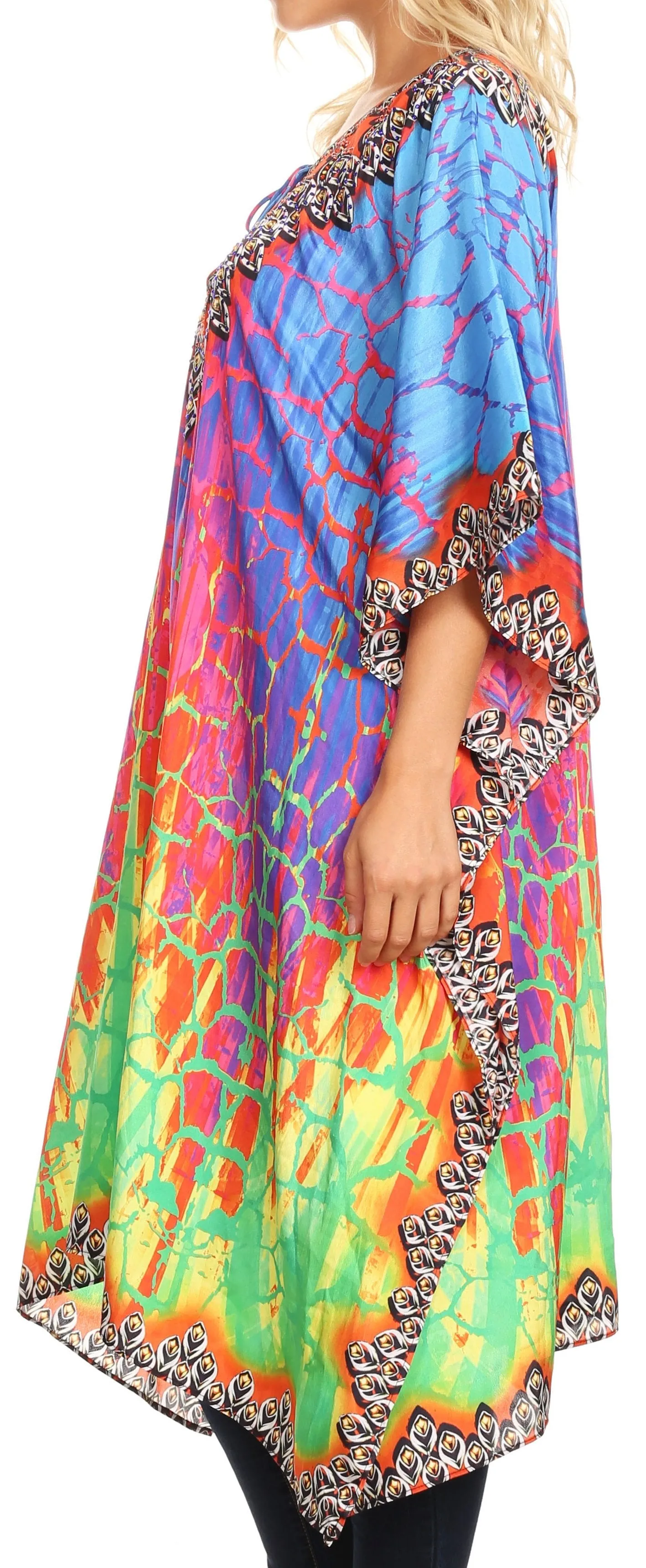 Sakkas Jenni Women's Mid Length Boho Caftan Kaftan Dress Cover up Flowy Rhinestone