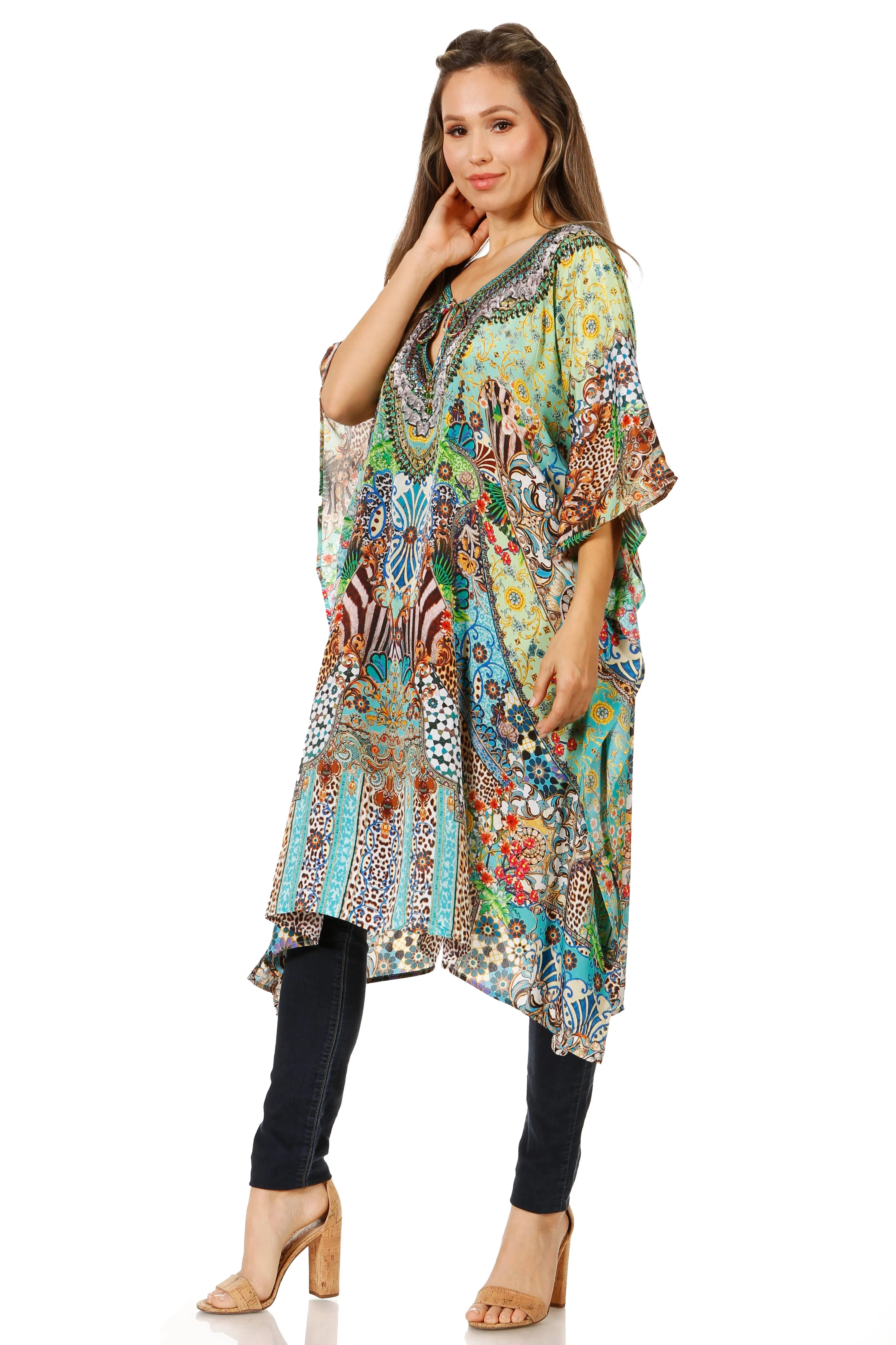 Sakkas Jenni Women's Mid Length Boho Caftan Kaftan Dress Cover up Flowy Rhinestone