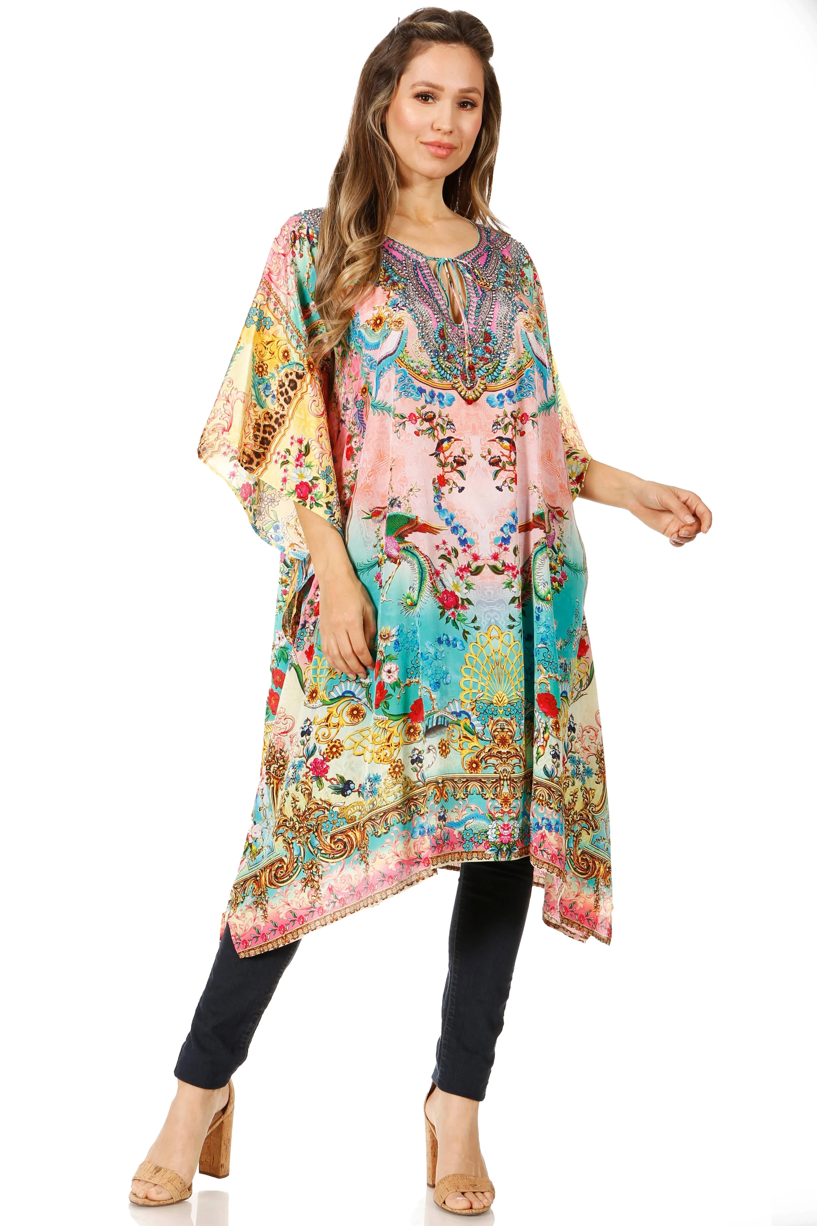 Sakkas Jenni Women's Mid Length Boho Caftan Kaftan Dress Cover up Flowy Rhinestone