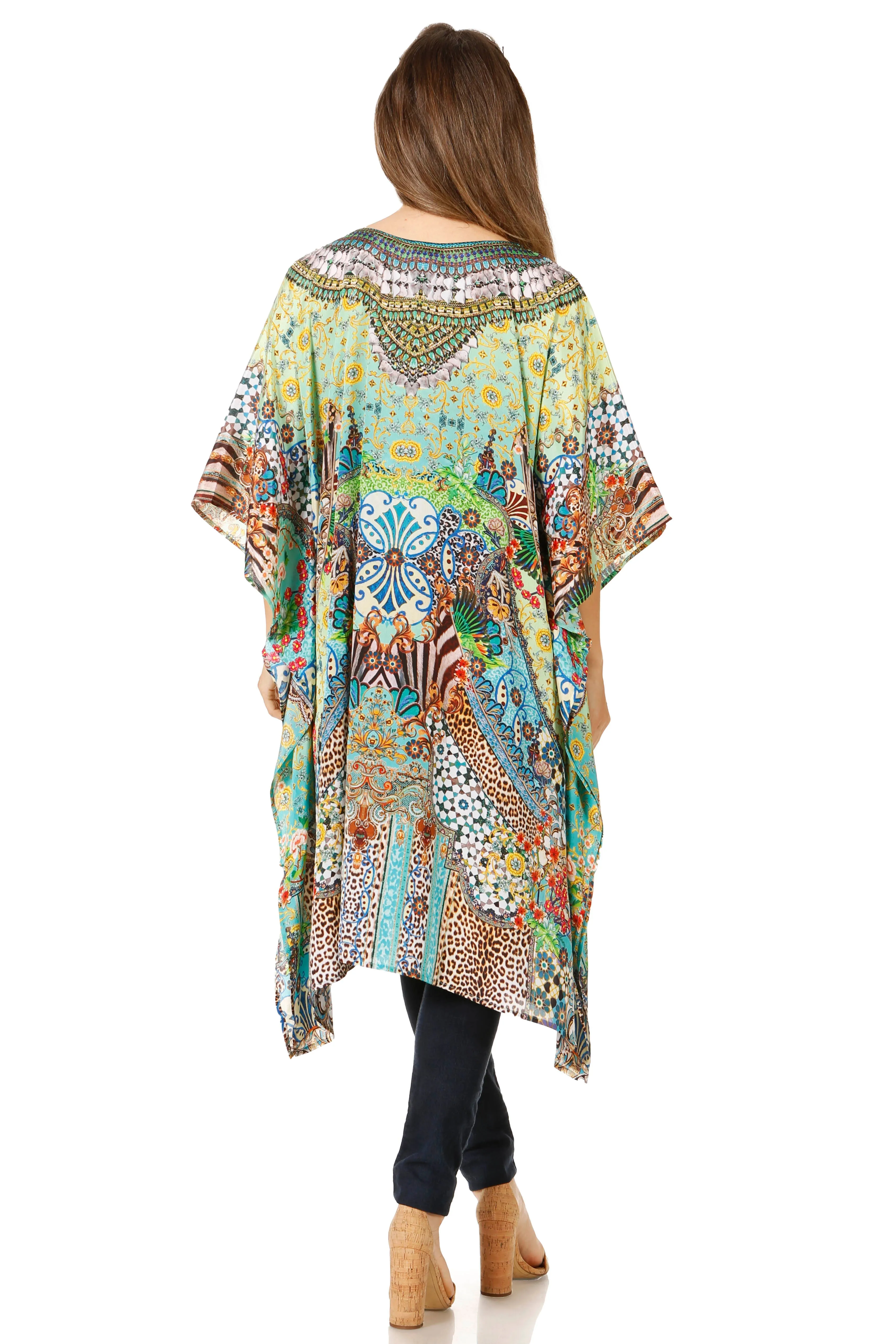 Sakkas Jenni Women's Mid Length Boho Caftan Kaftan Dress Cover up Flowy Rhinestone