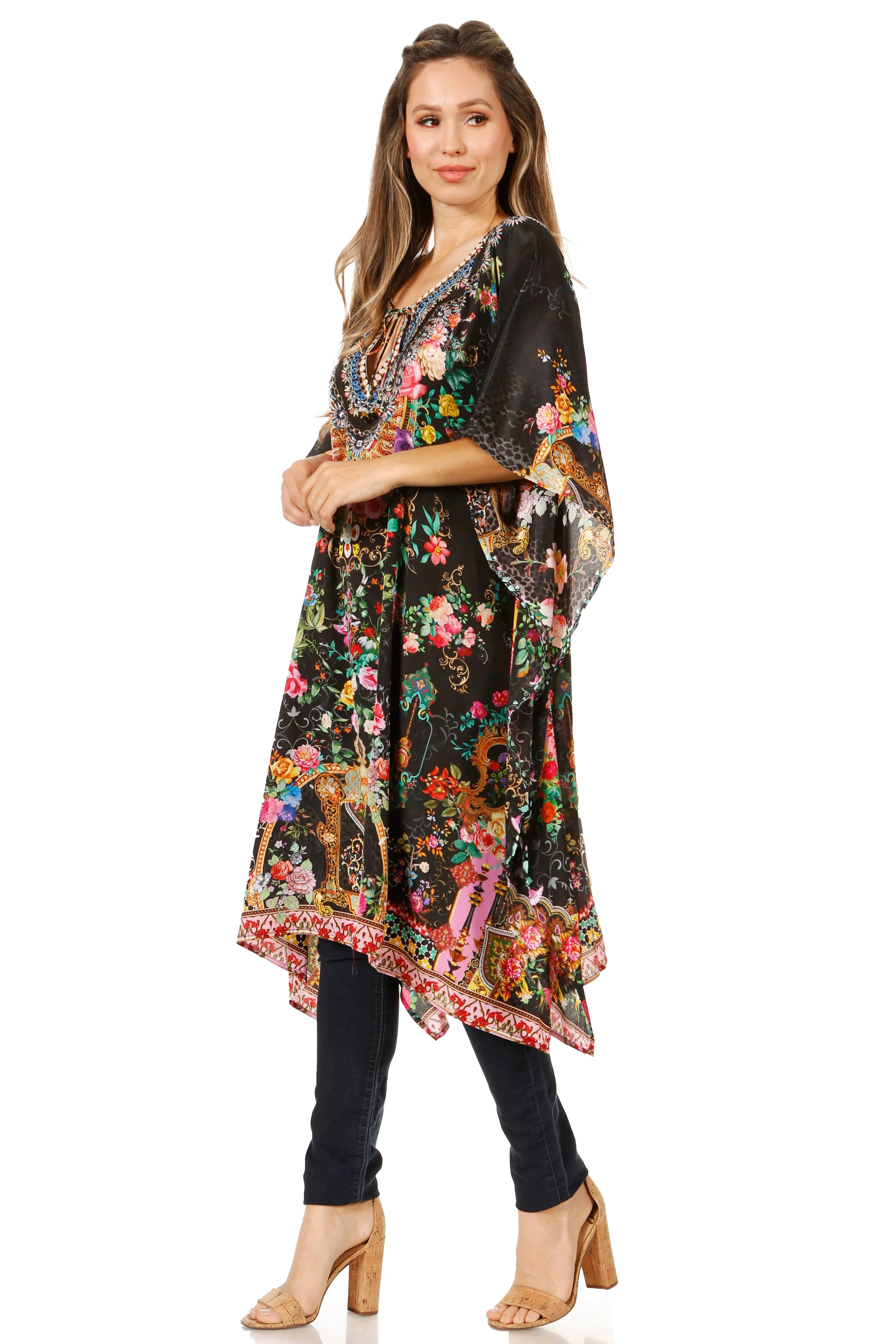 Sakkas Jenni Women's Mid Length Boho Caftan Kaftan Dress Cover up Flowy Rhinestone