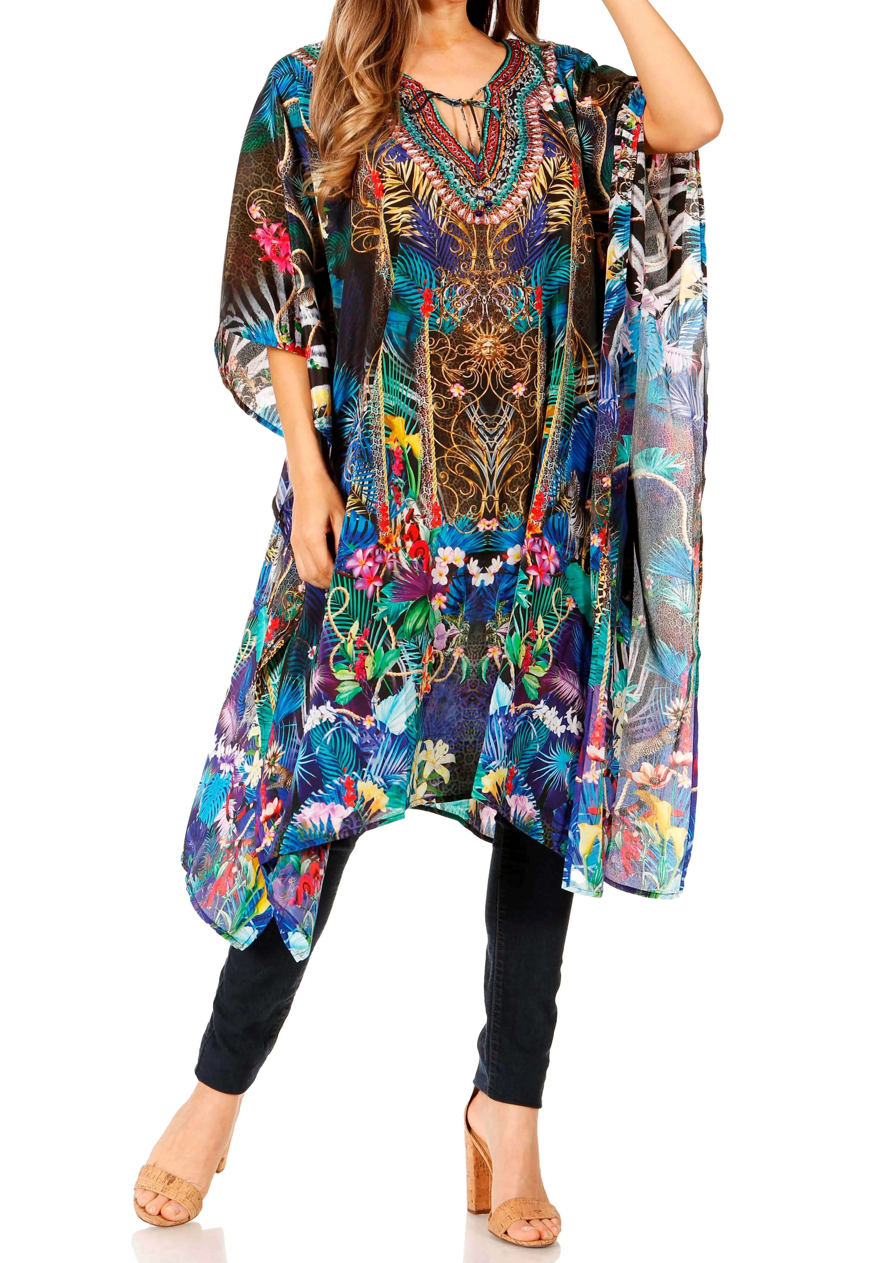 Sakkas Jenni Women's Mid Length Boho Caftan Kaftan Dress Cover up Flowy Rhinestone