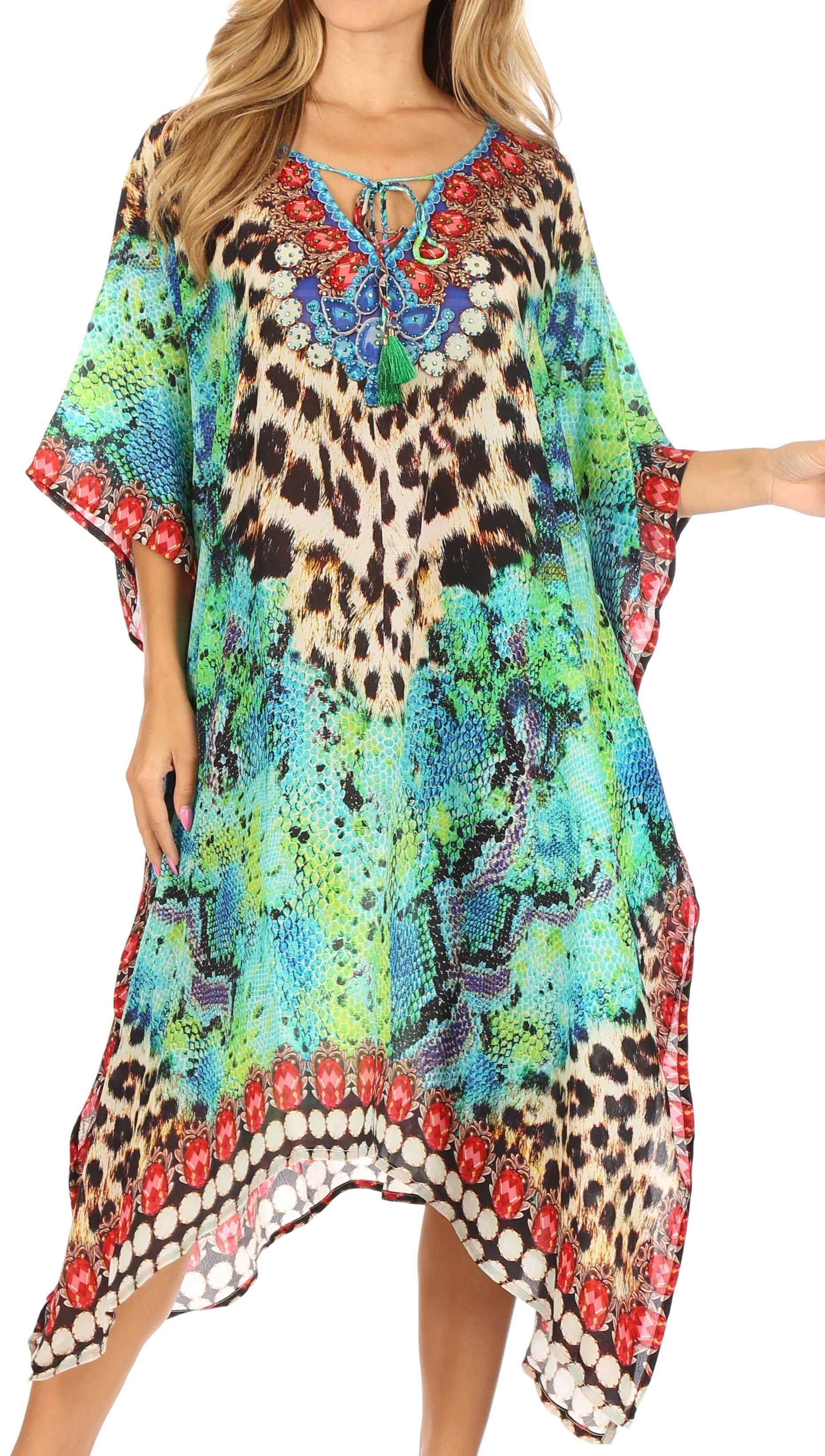 Sakkas Jenni Women's Mid Length Boho Caftan Kaftan Dress Cover up Flowy Rhinestone