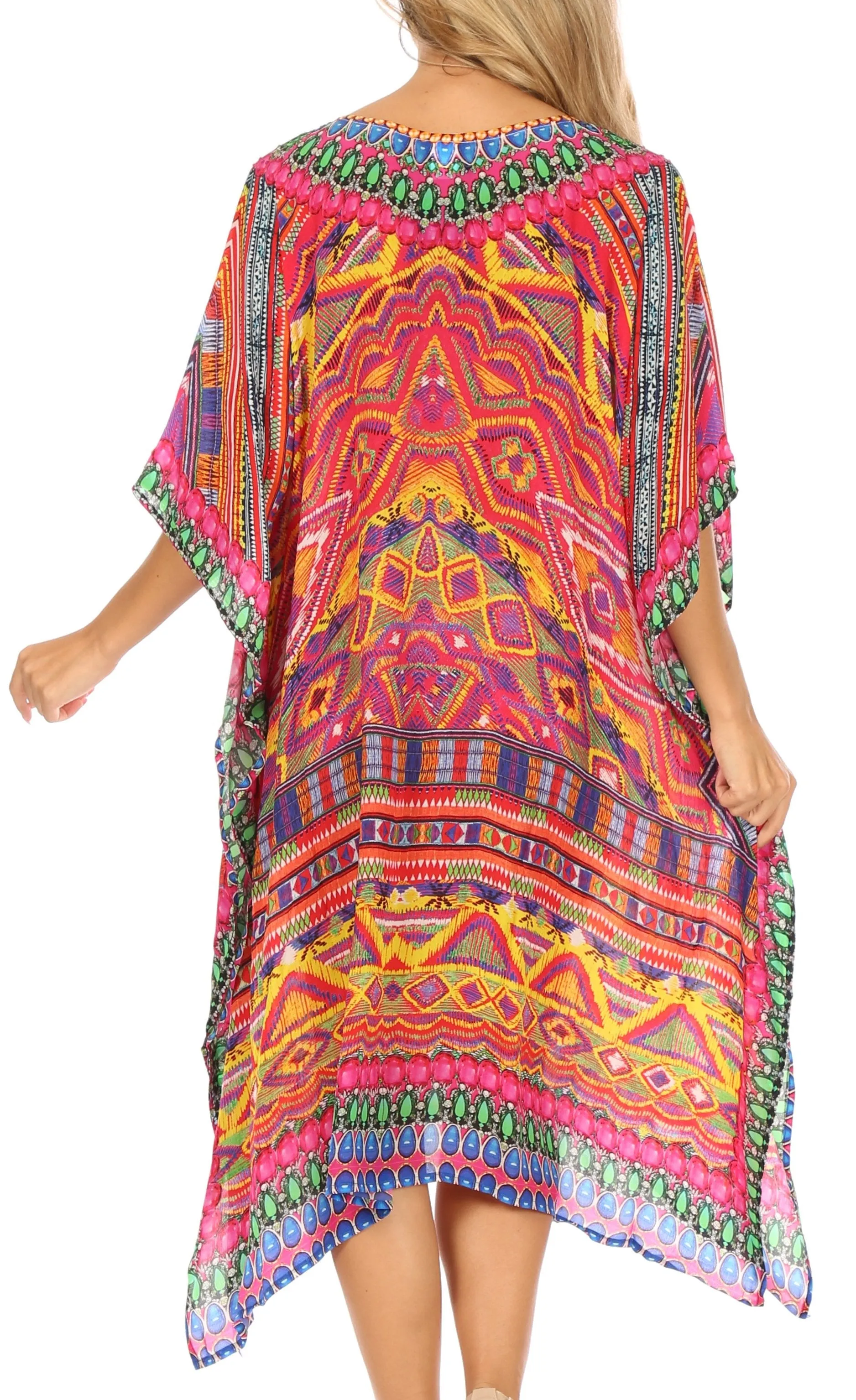 Sakkas Jenni Women's Mid Length Boho Caftan Kaftan Dress Cover up Flowy Rhinestone