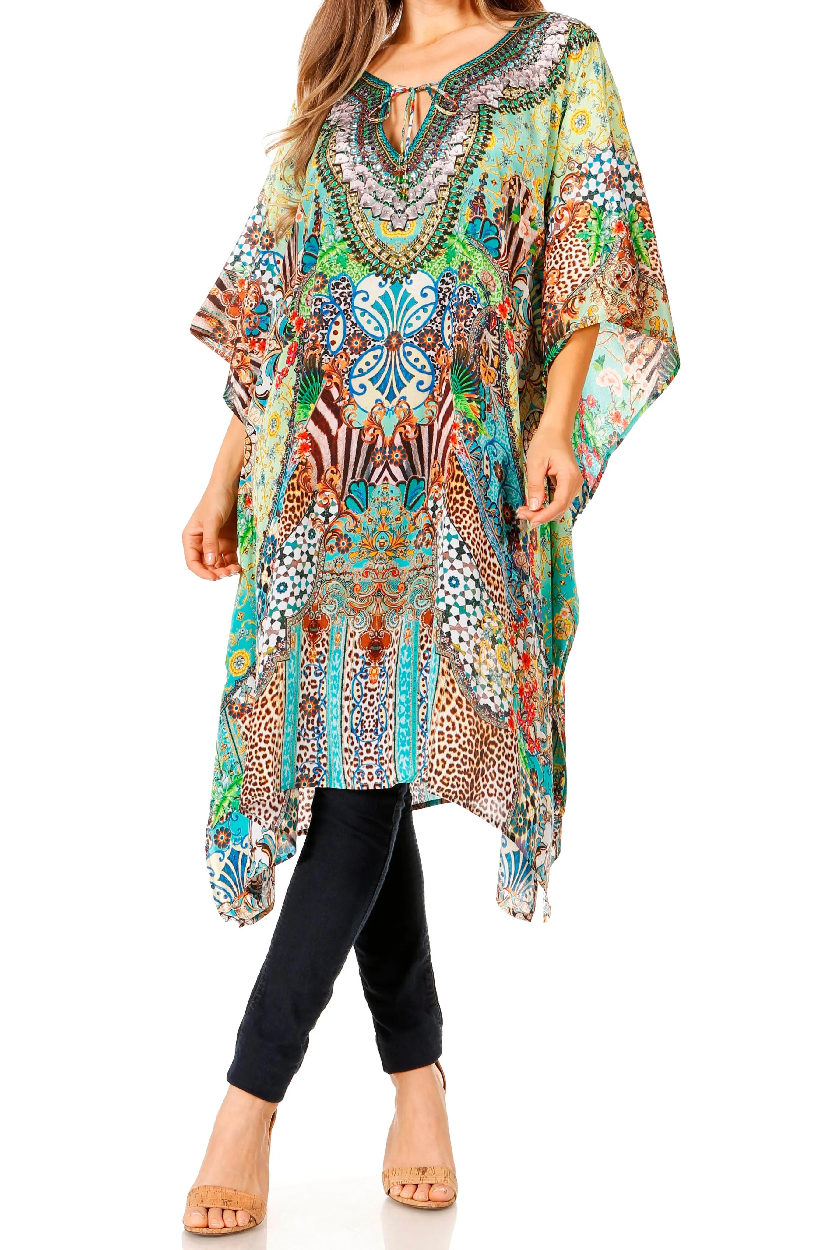 Sakkas Jenni Women's Mid Length Boho Caftan Kaftan Dress Cover up Flowy Rhinestone