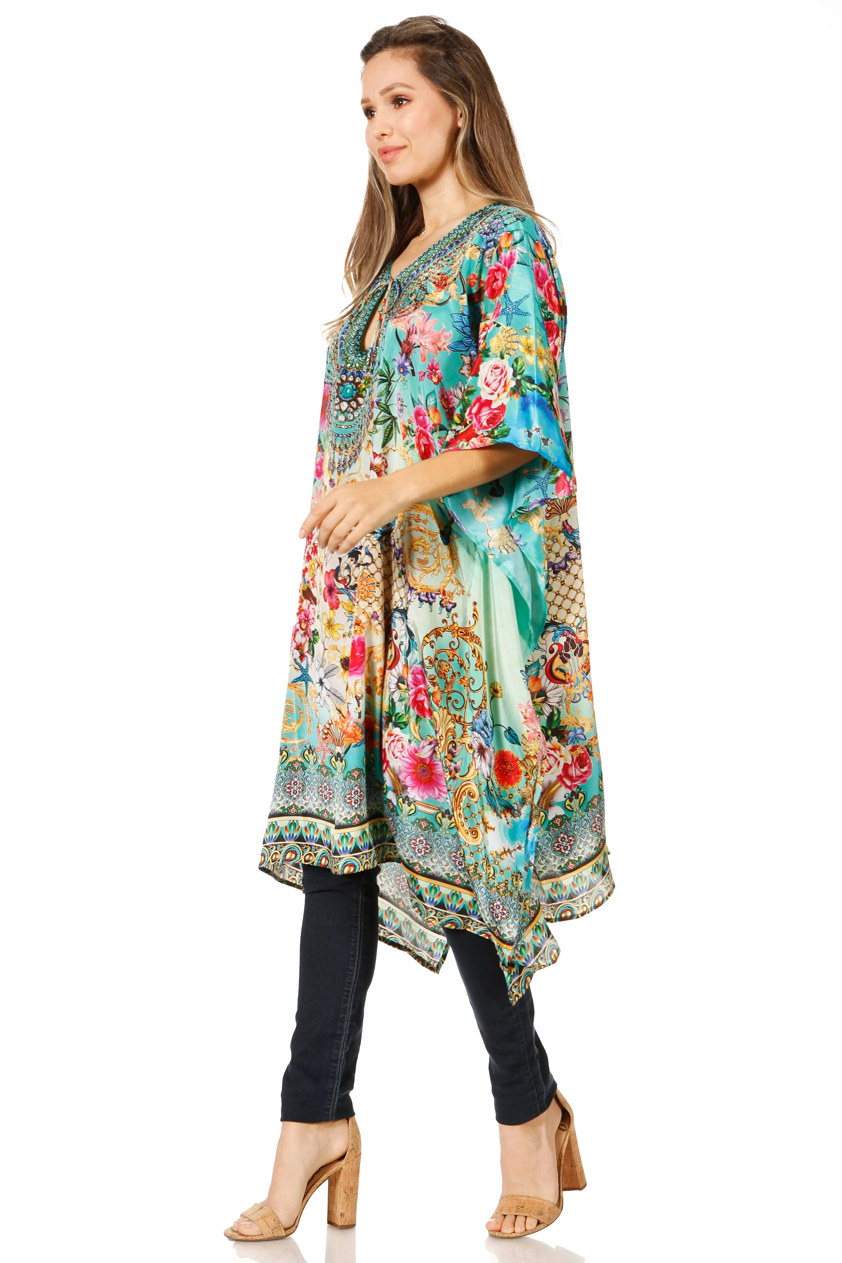 Sakkas Jenni Women's Mid Length Boho Caftan Kaftan Dress Cover up Flowy Rhinestone