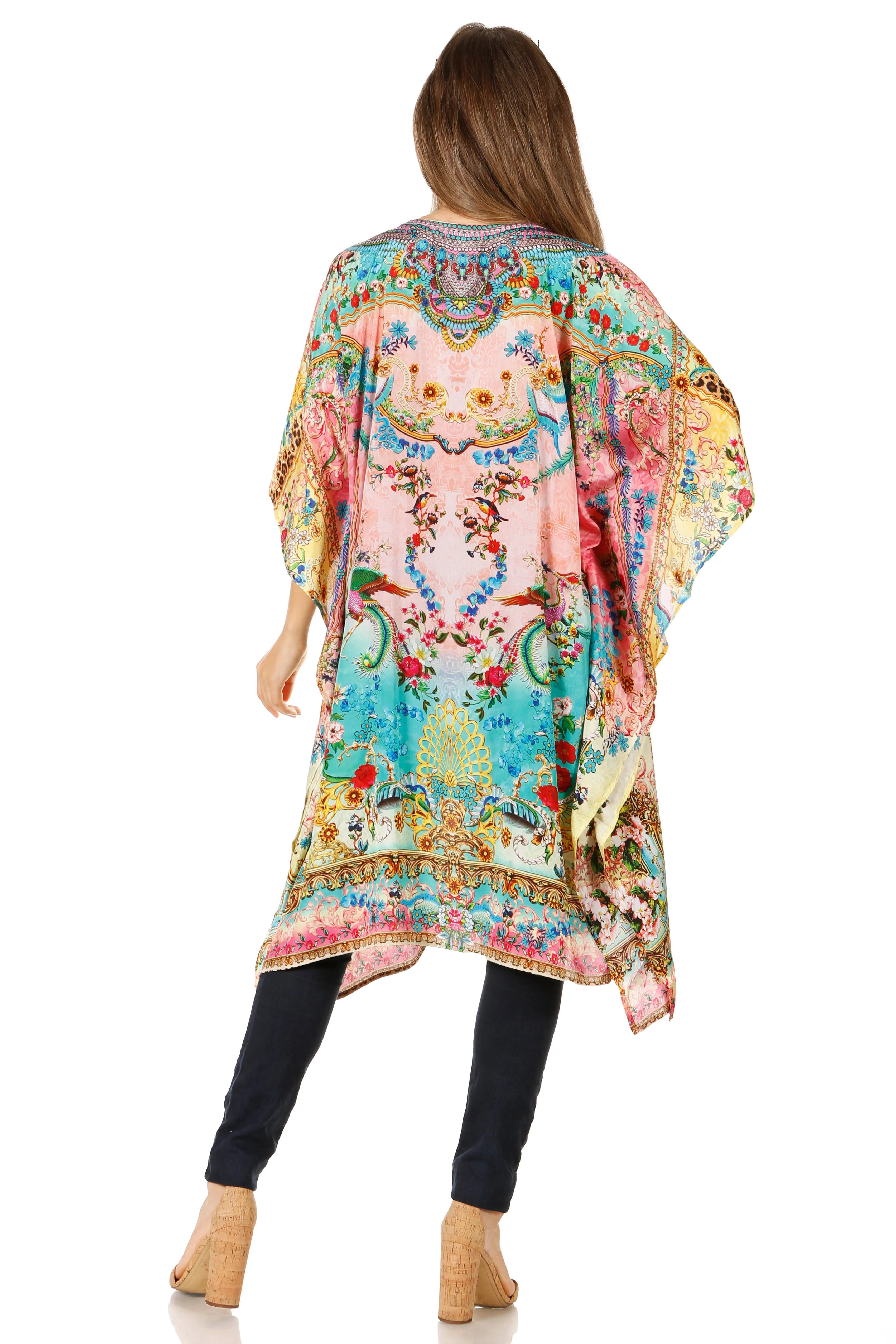 Sakkas Jenni Women's Mid Length Boho Caftan Kaftan Dress Cover up Flowy Rhinestone