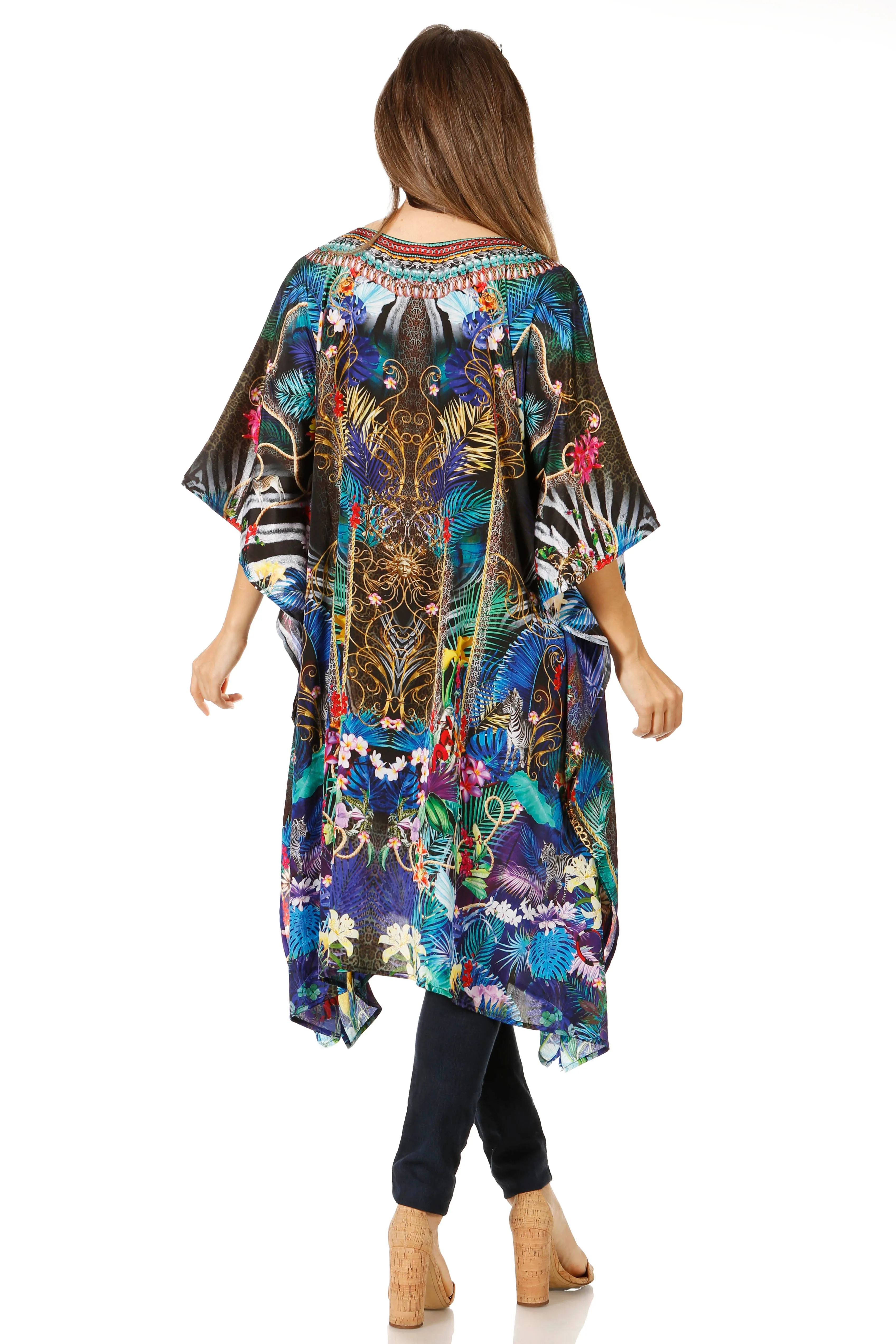 Sakkas Jenni Women's Mid Length Boho Caftan Kaftan Dress Cover up Flowy Rhinestone