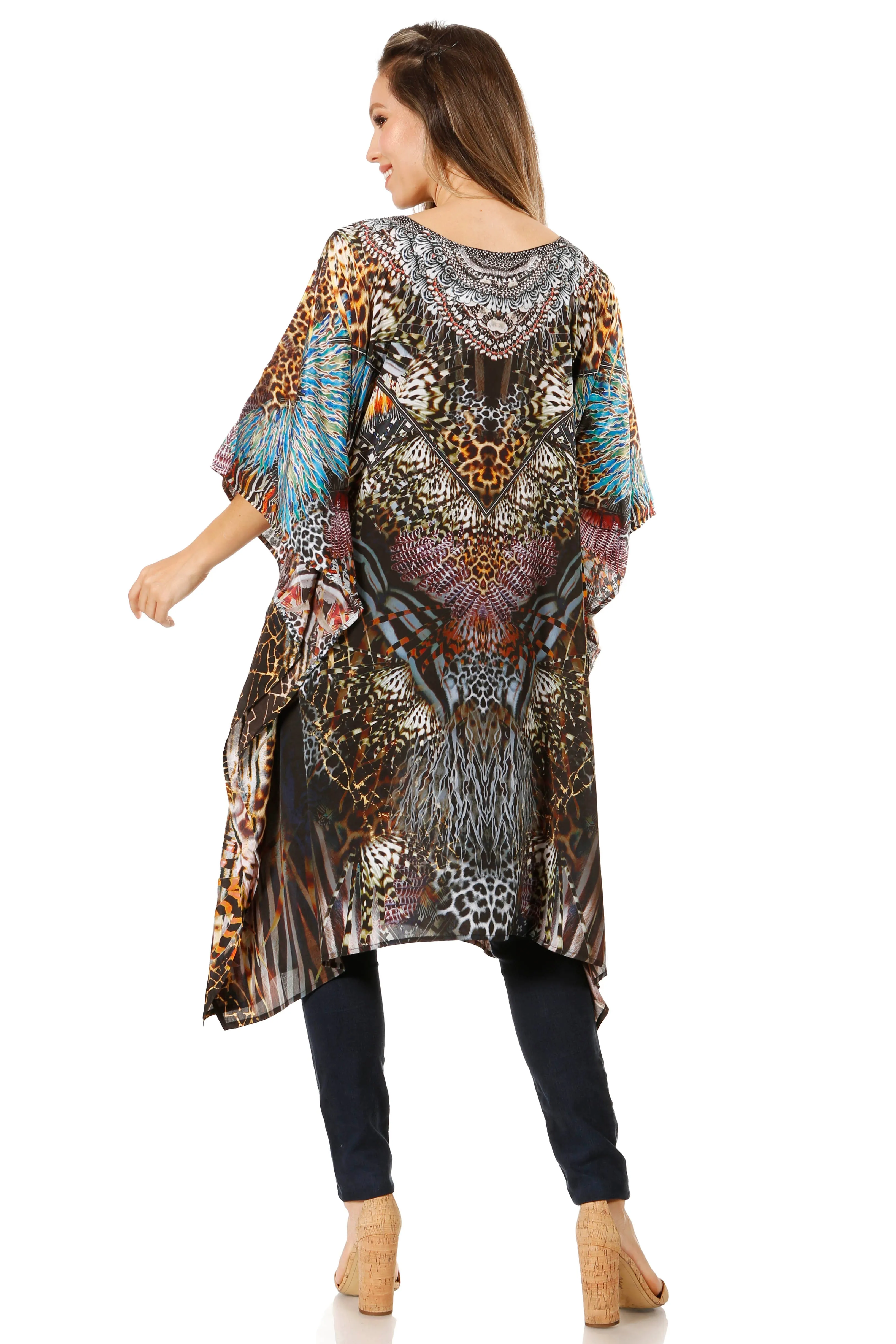 Sakkas Jenni Women's Mid Length Boho Caftan Kaftan Dress Cover up Flowy Rhinestone