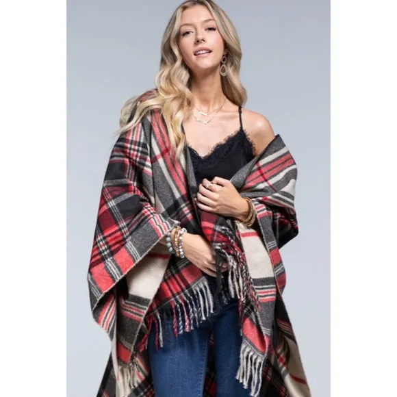 Scarlet Red Holiday Plaid Fringe Accent Knit Fall Winter Ruana Wrap Open Poncho