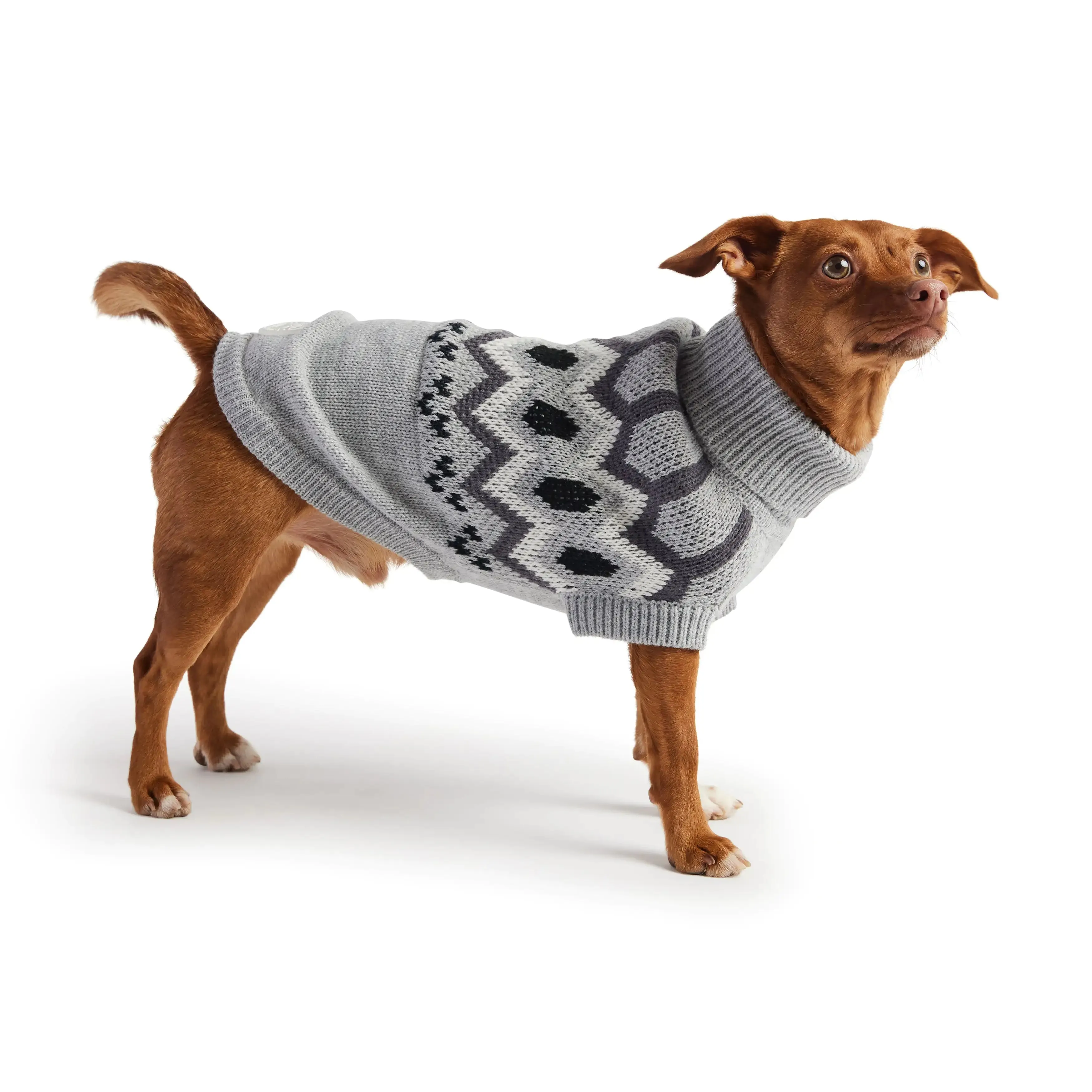 Sculpted Turtleneck Dog Sweater with Vintage Heritage Design - Grey Mix