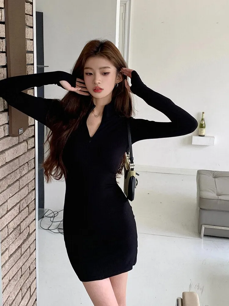 sealbeer Elegant Fashions Autumn Winter Black Bodycon Dress Women Turtleneck Manners Slim Ribbed Knitted Long Sleeve Mini Dress Vestido