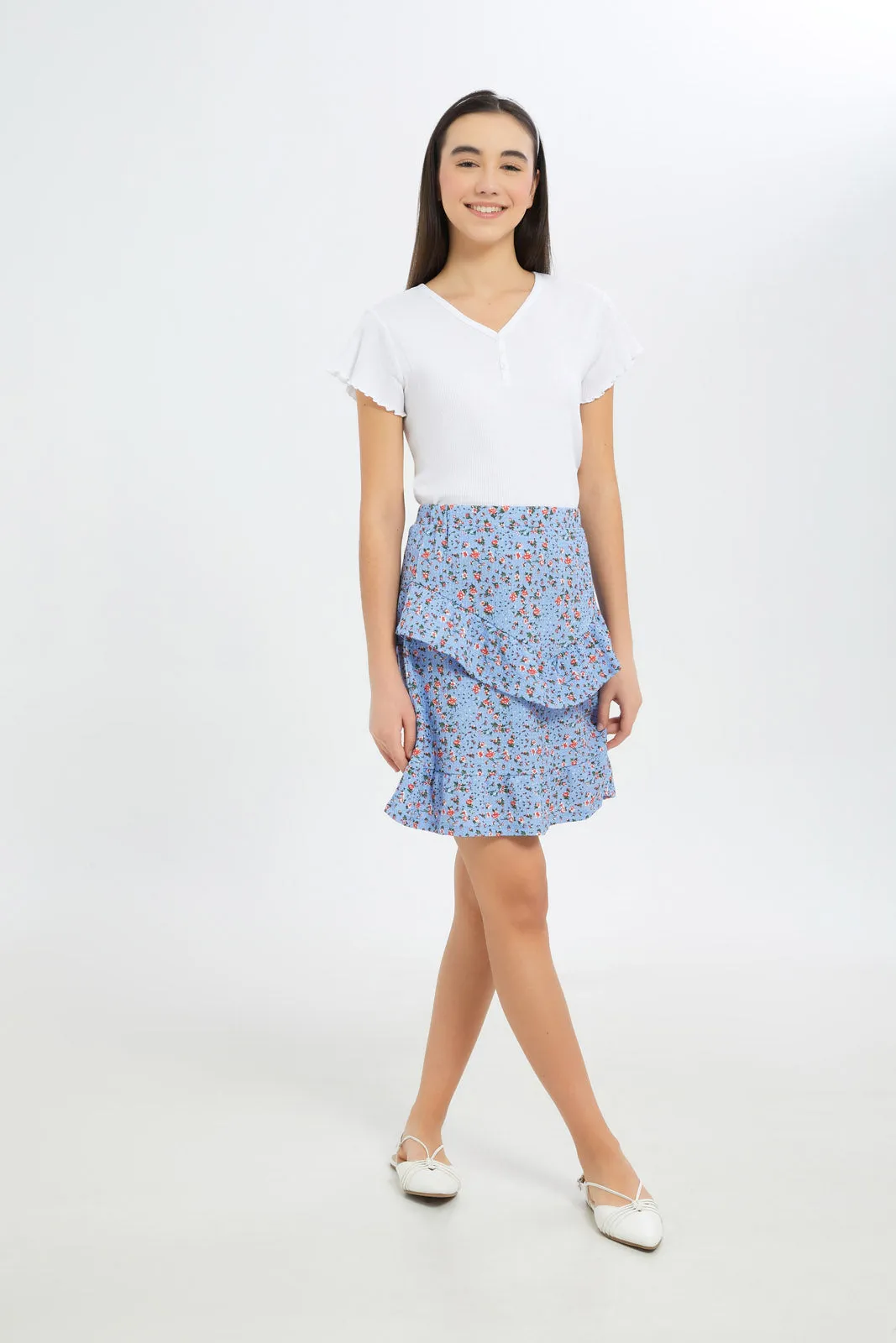 Senior Girls Blue Floral Tiered Skirt