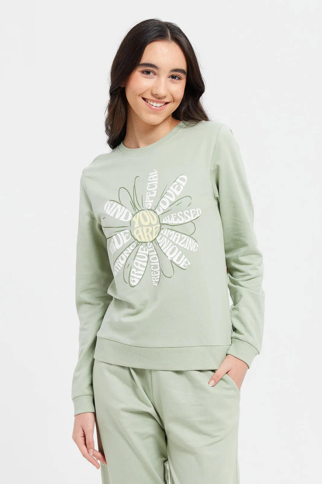 Senior Girls Green Floral Sweatshirt