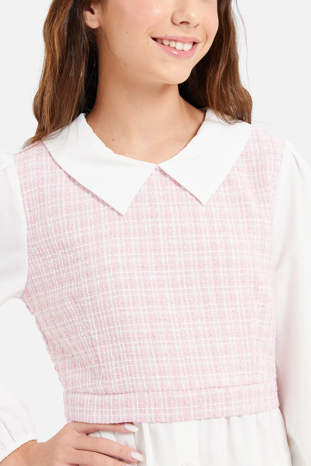 Senior Girls Pink And White Collared Tweed Tunic