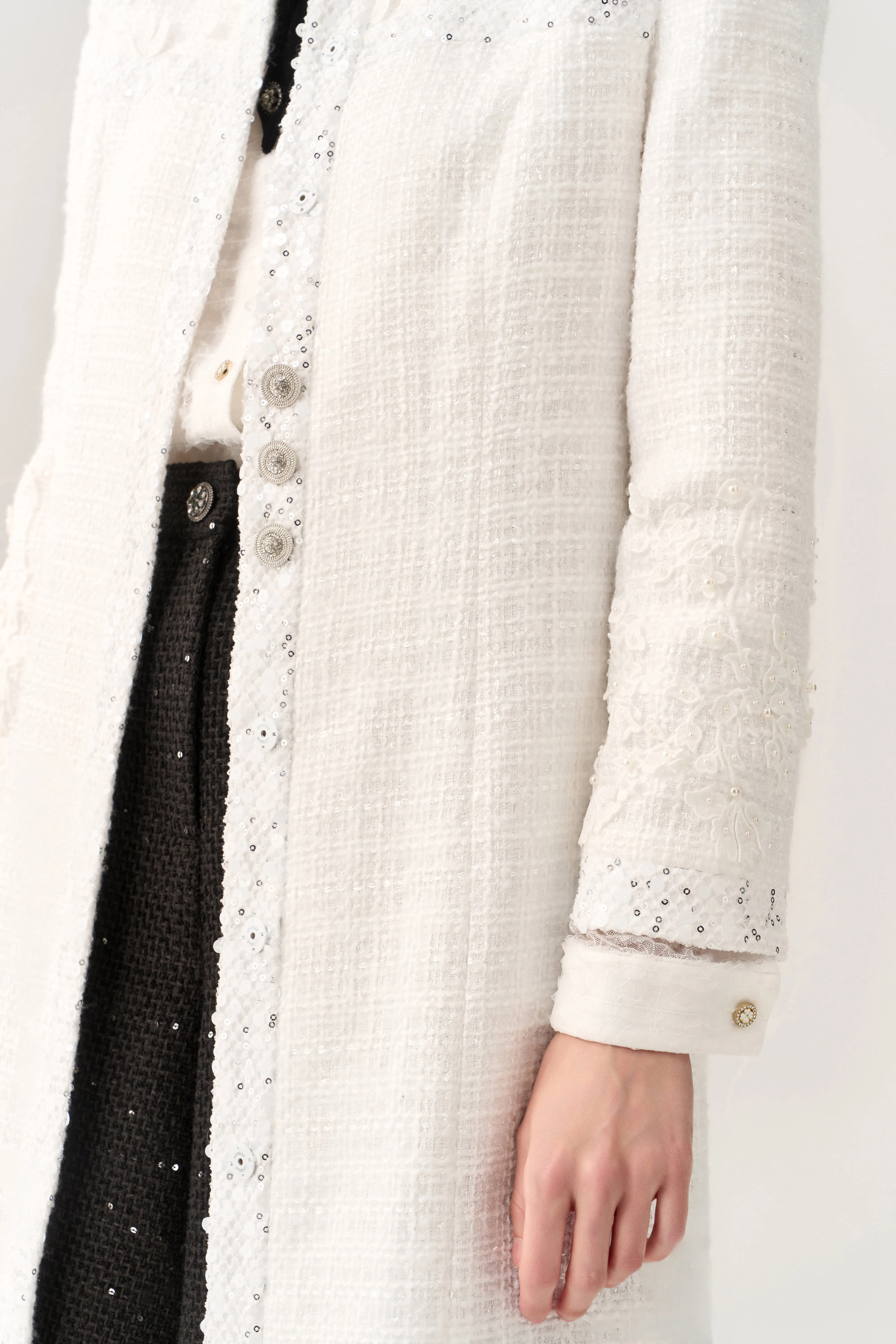 Sequin & Lace Detail Tweed Maxi Coat