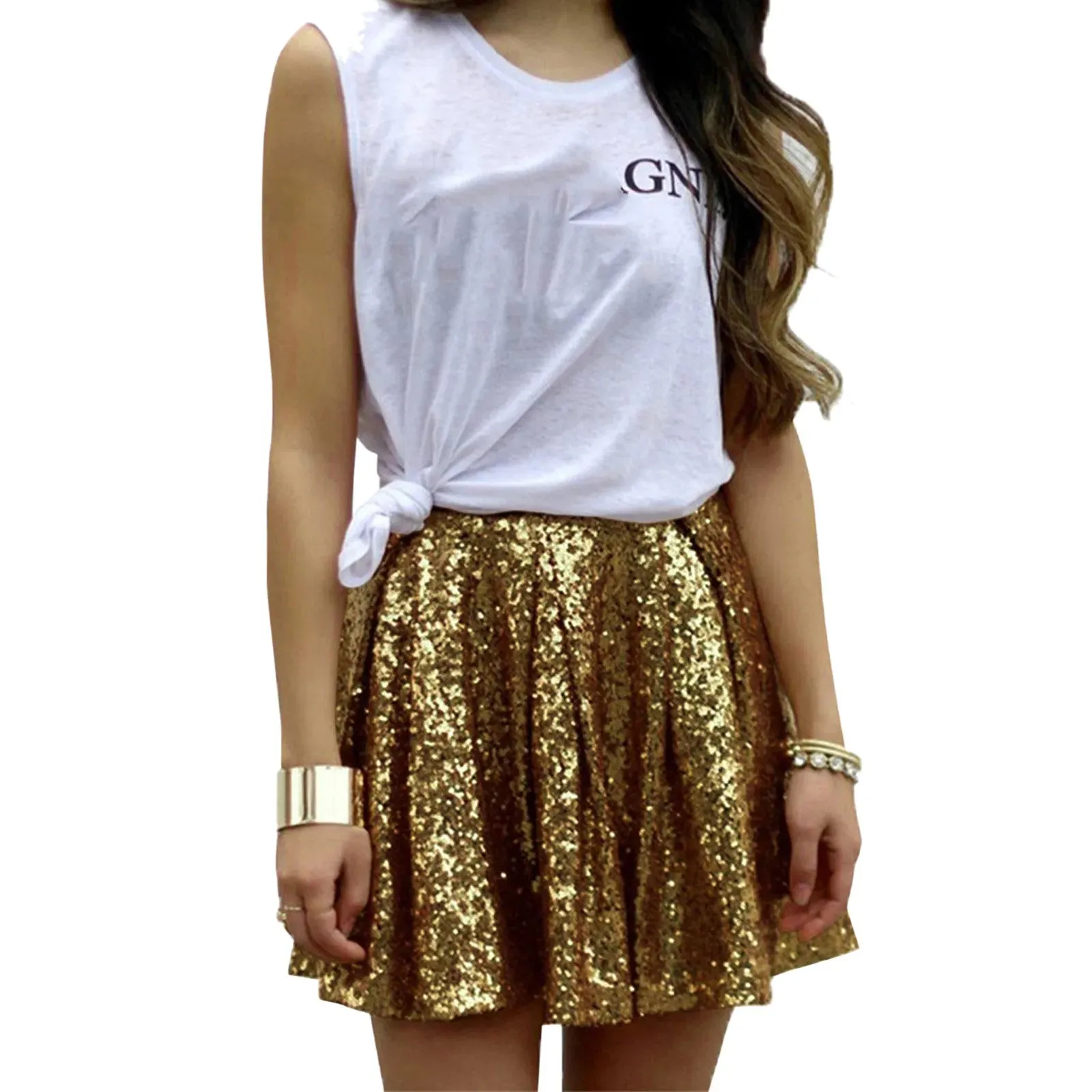 Sexy Sliver Gold Spring Ladies Mini Pleated Glitter Hot Night Club Fashion Skirt