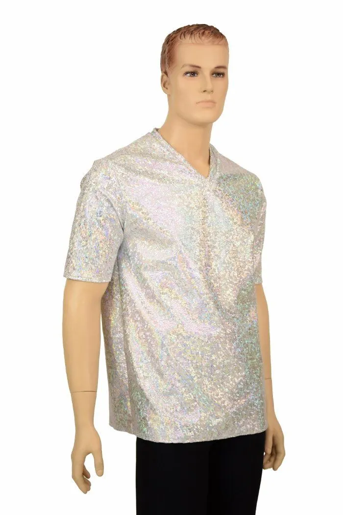 Silvery White Holographic V Neck Shirt