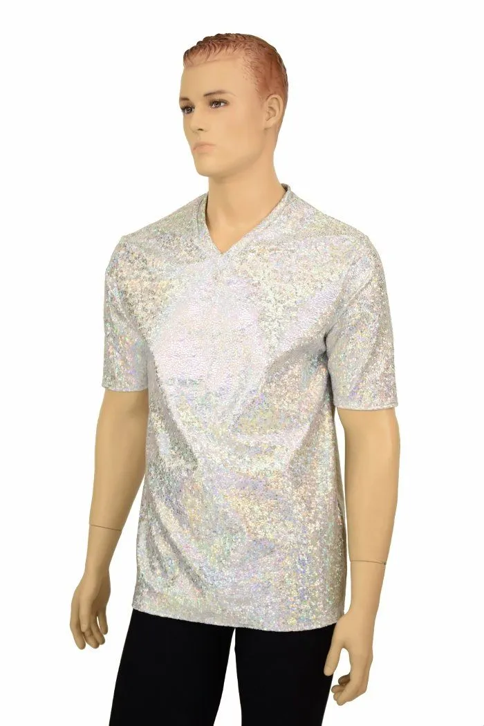 Silvery White Holographic V Neck Shirt