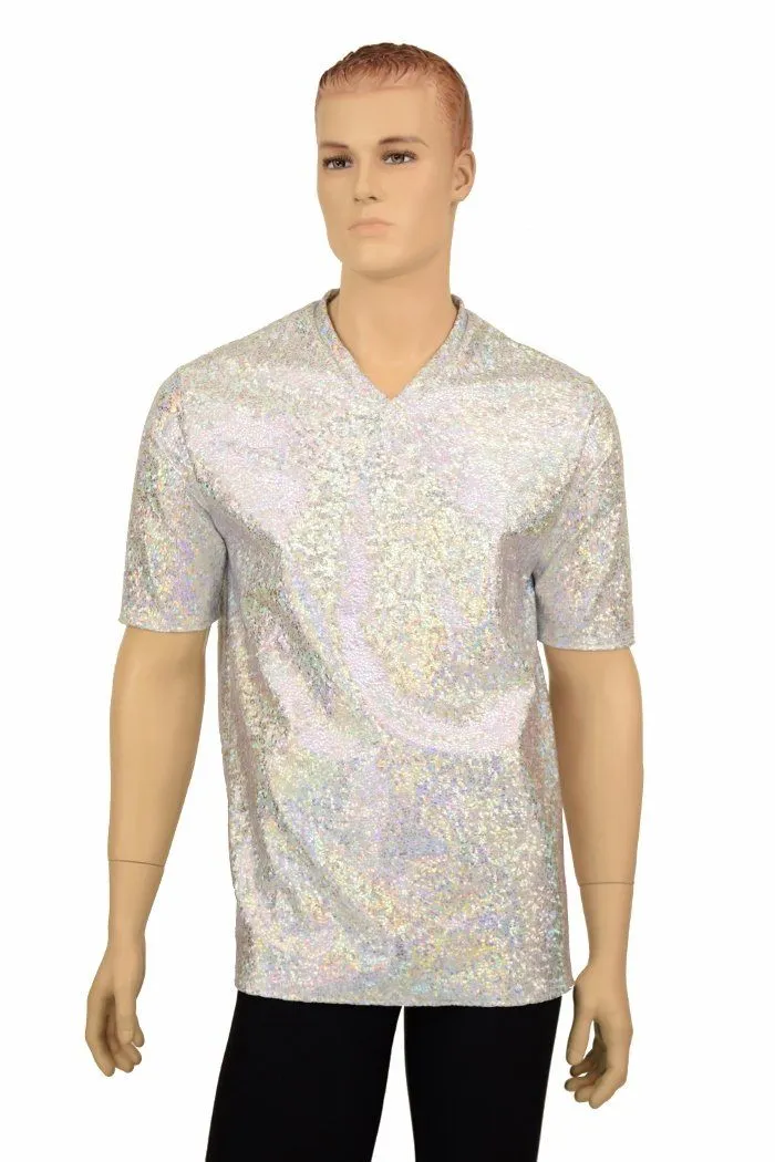 Silvery White Holographic V Neck Shirt