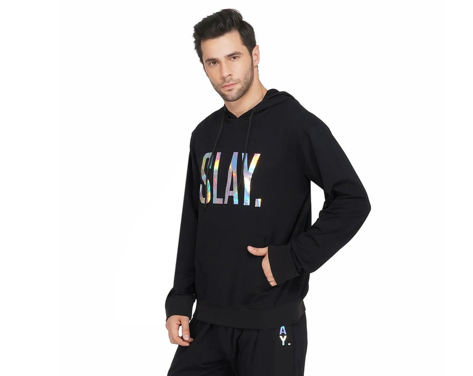 SLAY. Classic Men's Holographic Reflective Print Black Hoodie 💎 Edition