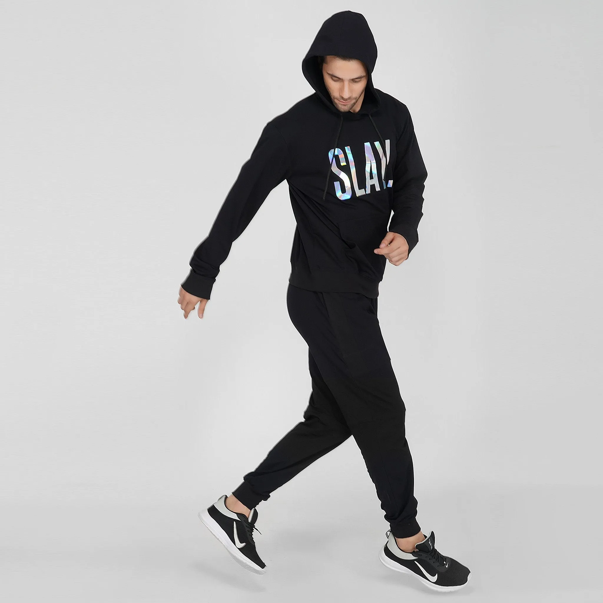 SLAY. Classic Men's Holographic Reflective Print Black Hoodie 💎 Edition