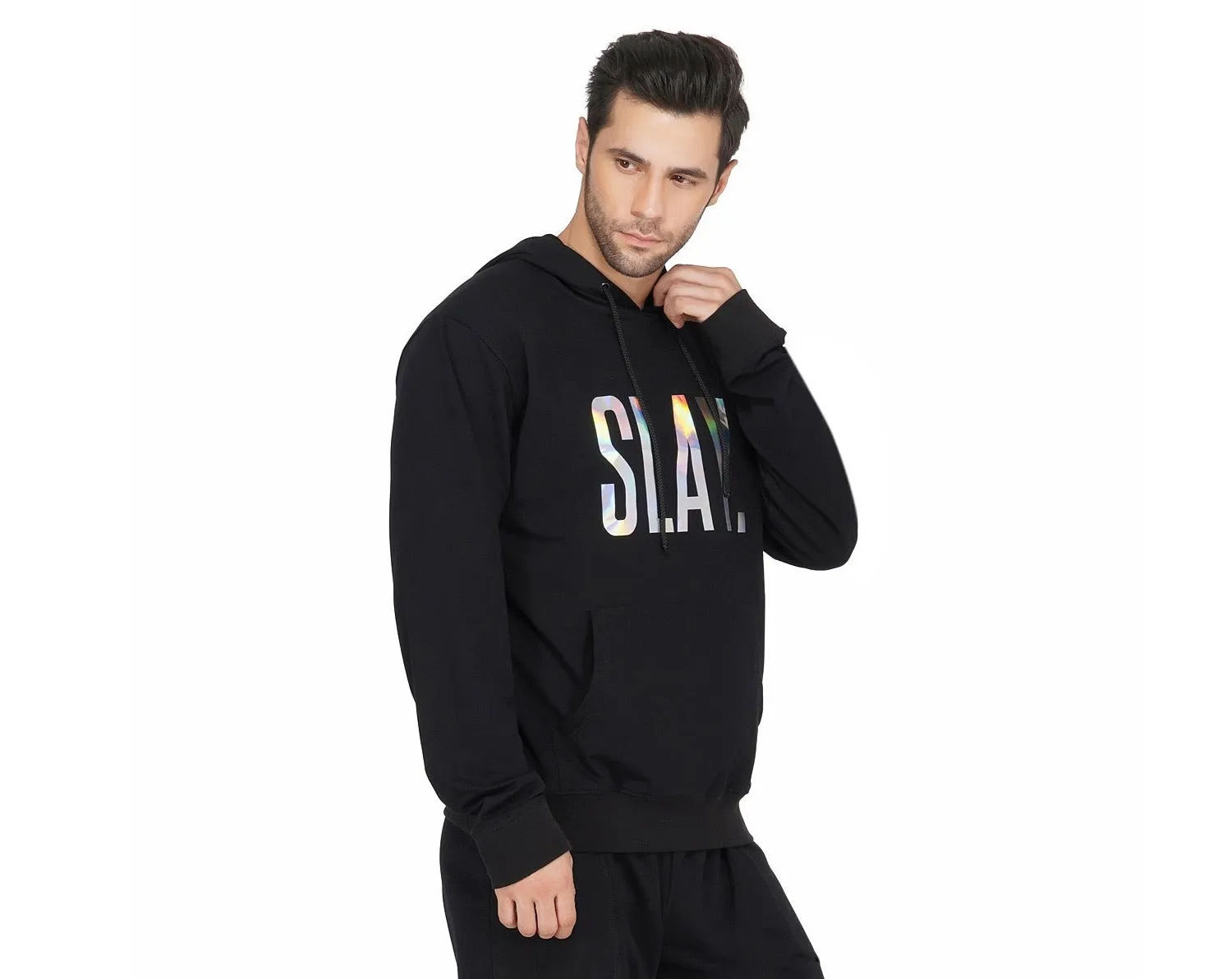 SLAY. Classic Men's Holographic Reflective Print Black Hoodie 💎 Edition