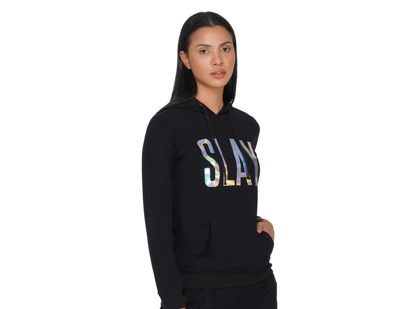 SLAY. Classic Women's 💎 Edition Holographic Reflective Print Black Hoodie