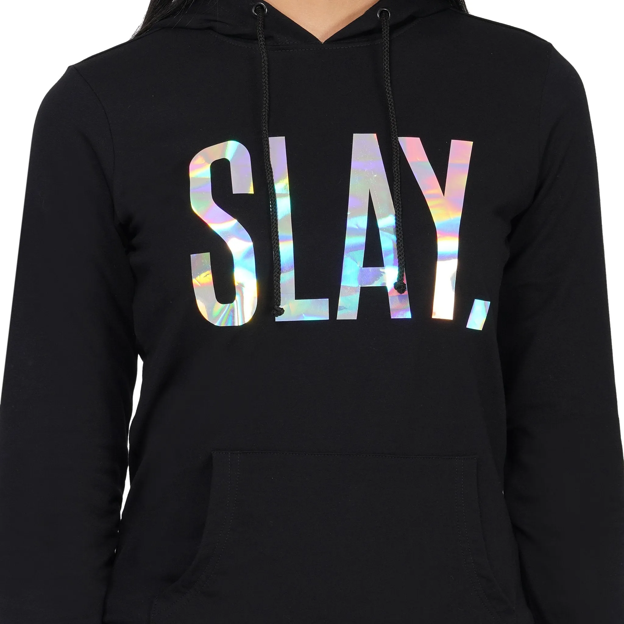 SLAY. Classic Women's 💎 Edition Holographic Reflective Print Black Hoodie