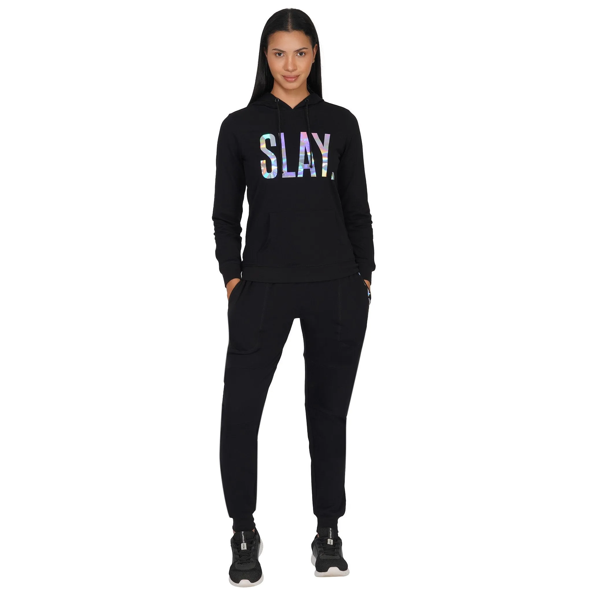 SLAY. Classic Women's 💎 Edition Holographic Reflective Print Black Joggers