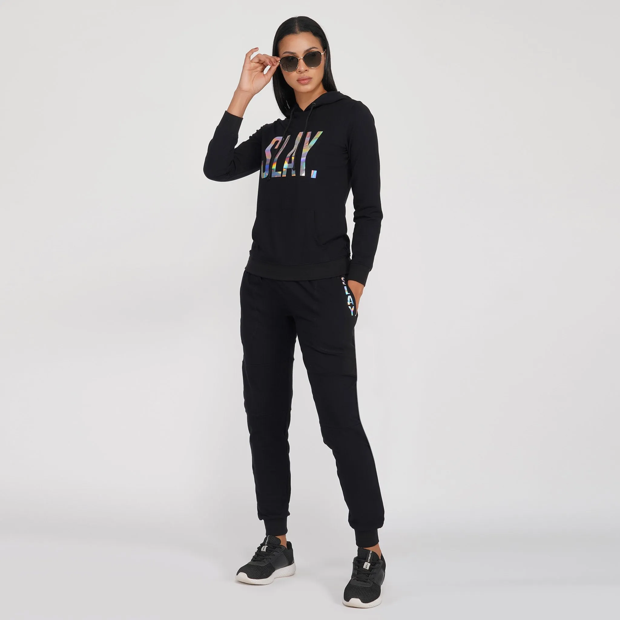 SLAY. Classic Women's 💎 Edition Holographic Reflective Print Black Joggers