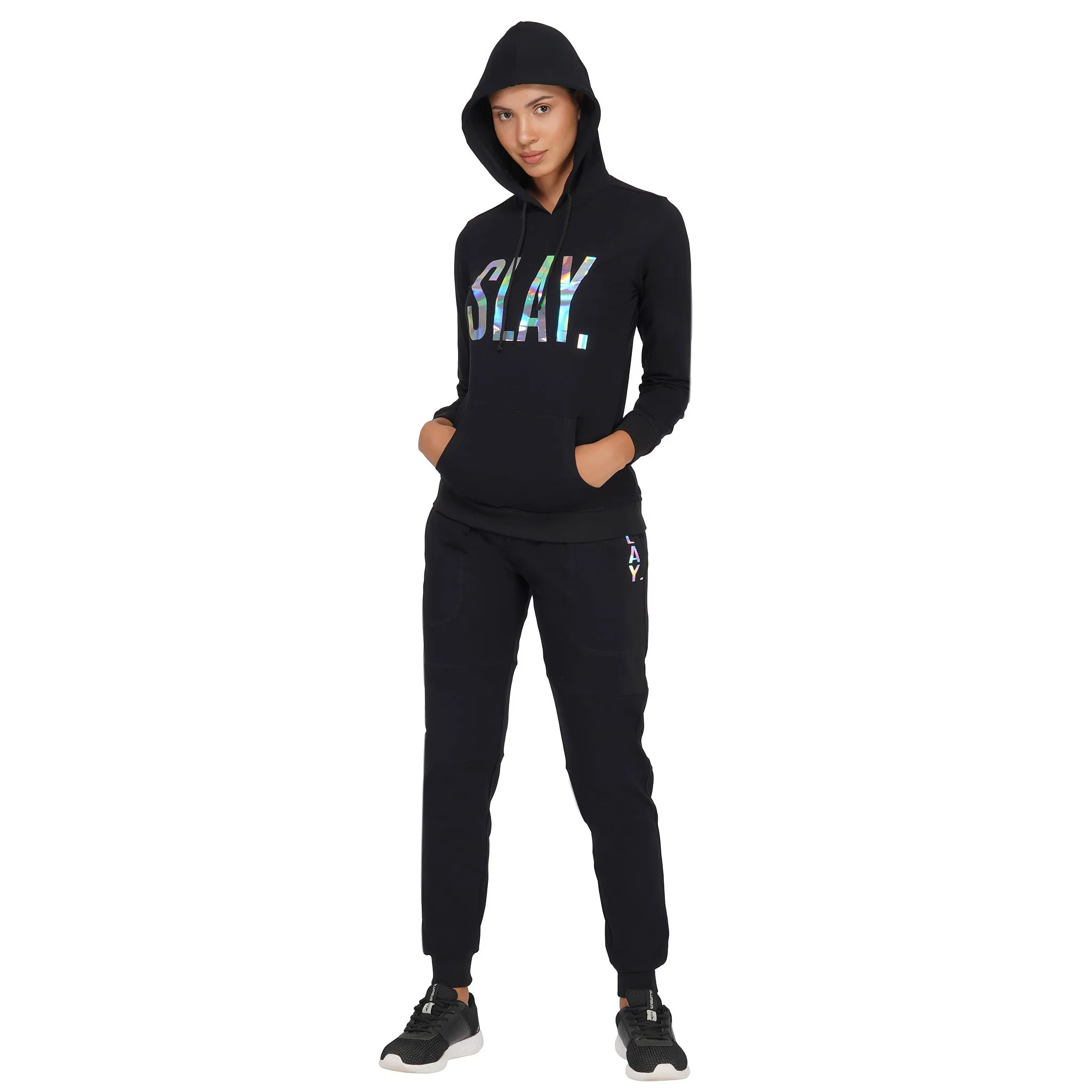 SLAY. Classic Women's Limited Edition Holographic Mirror Foil Print Black Tracksuit