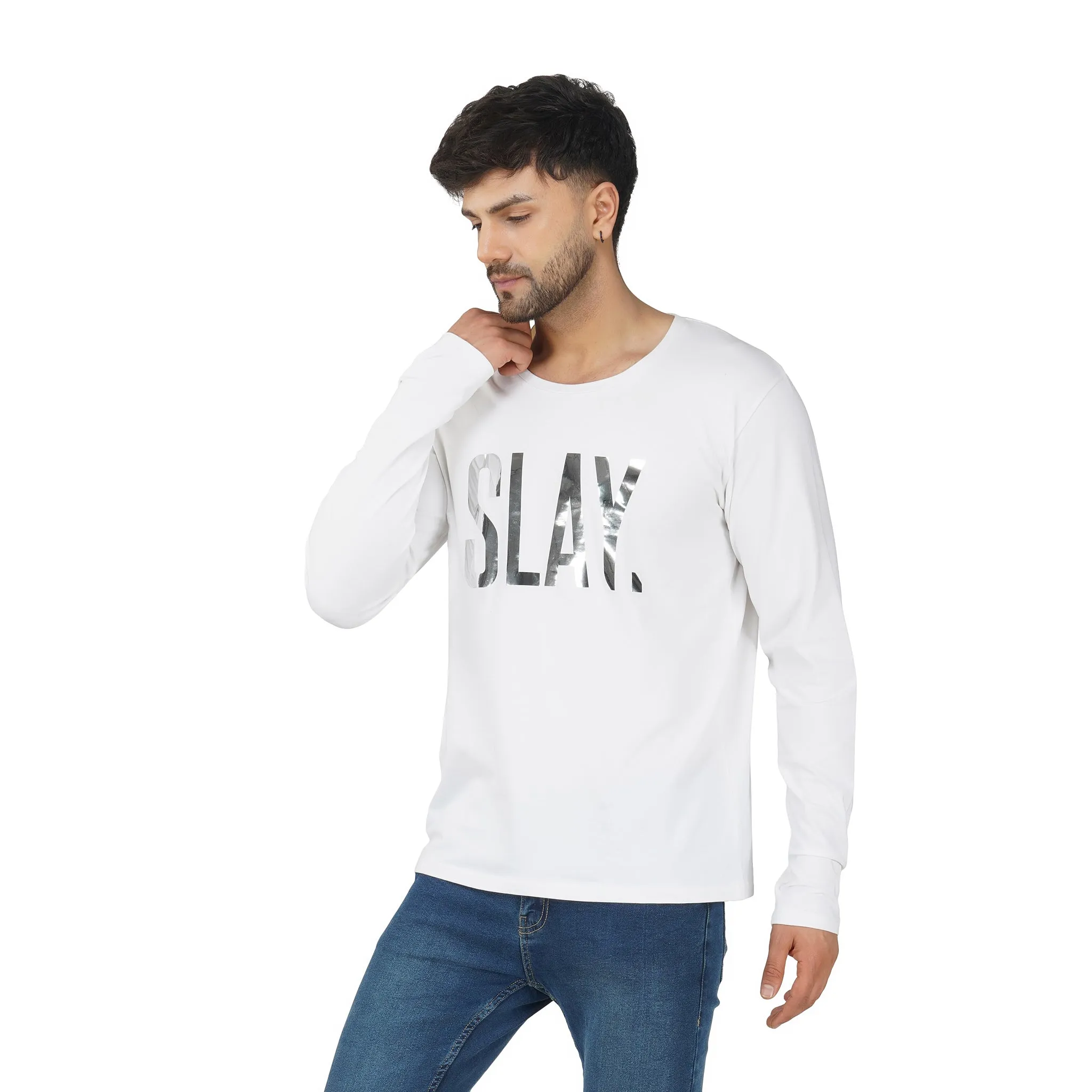 SLAY. Men's Silver Edition Reflective Foil Print Full Sleeves T-shirt