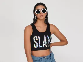 SLAY. Women's 💎 Edition Holographic Reflective Foil Print Crop Top