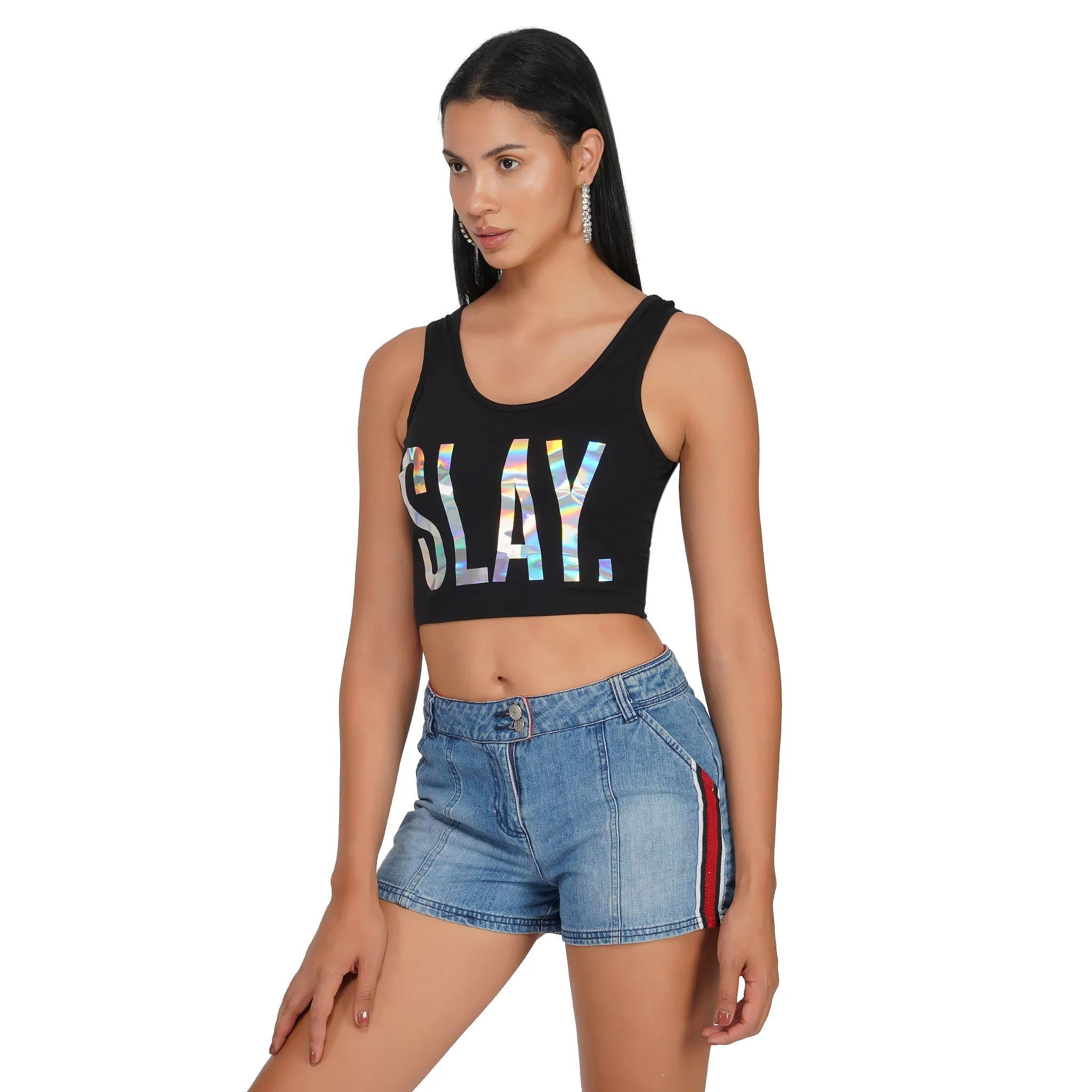 SLAY. Women's 💎 Edition Holographic Reflective Foil Print Crop Top