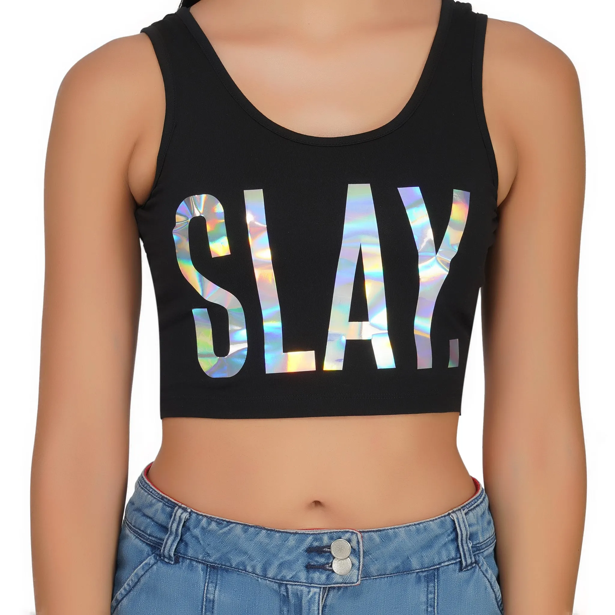 SLAY. Women's 💎 Edition Holographic Reflective Foil Print Crop Top