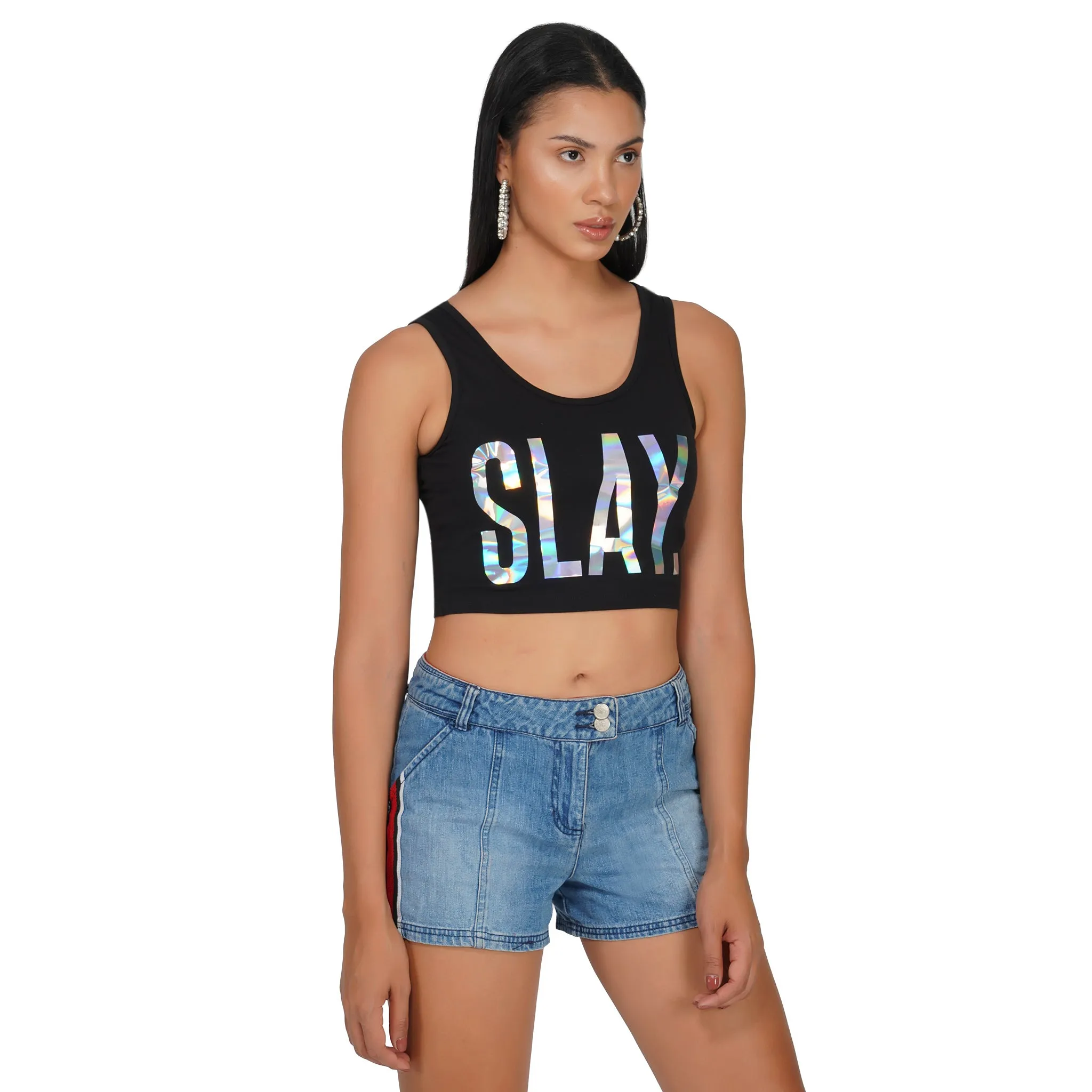 SLAY. Women's 💎 Edition Holographic Reflective Foil Print Crop Top