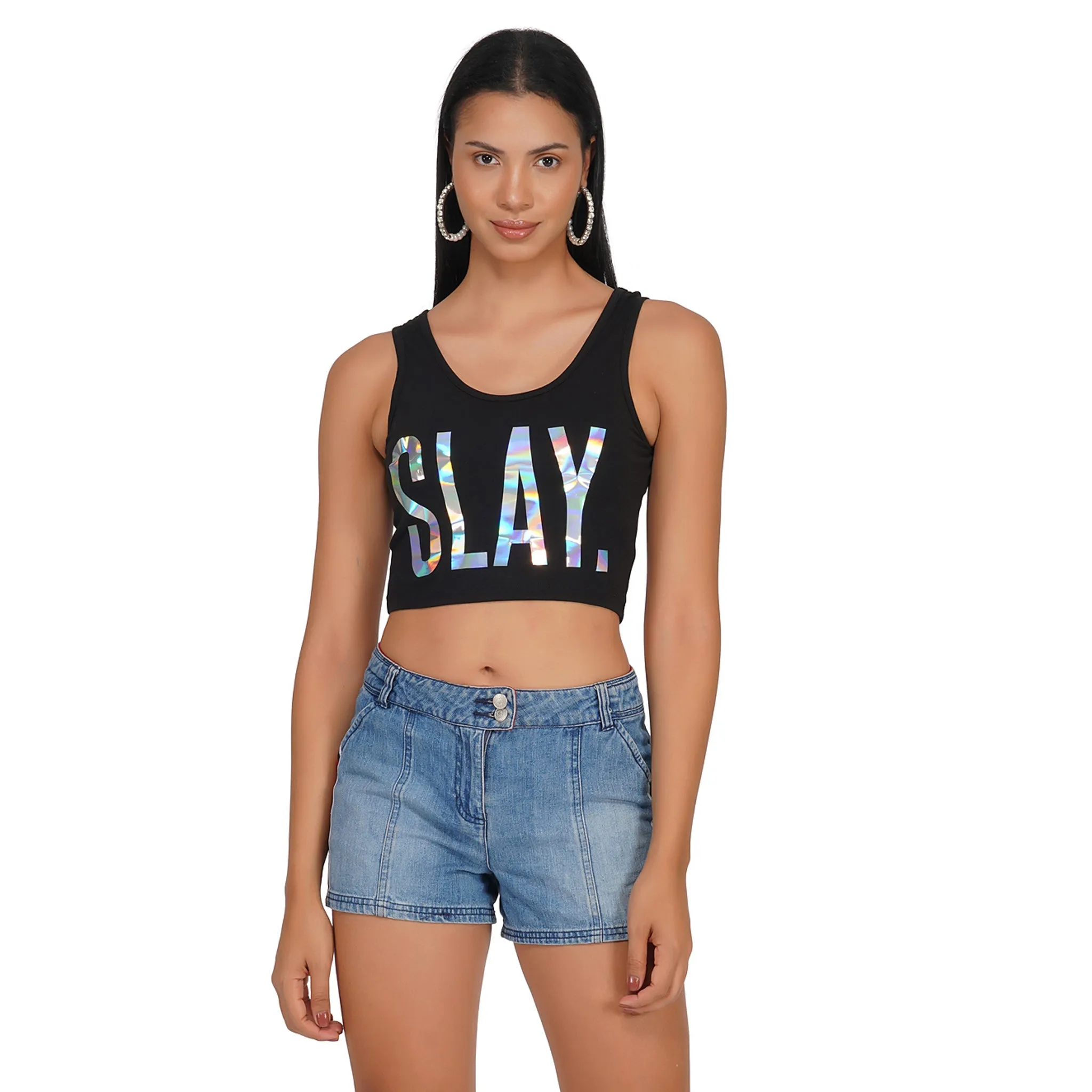 SLAY. Women's 💎 Edition Holographic Reflective Foil Print Crop Top