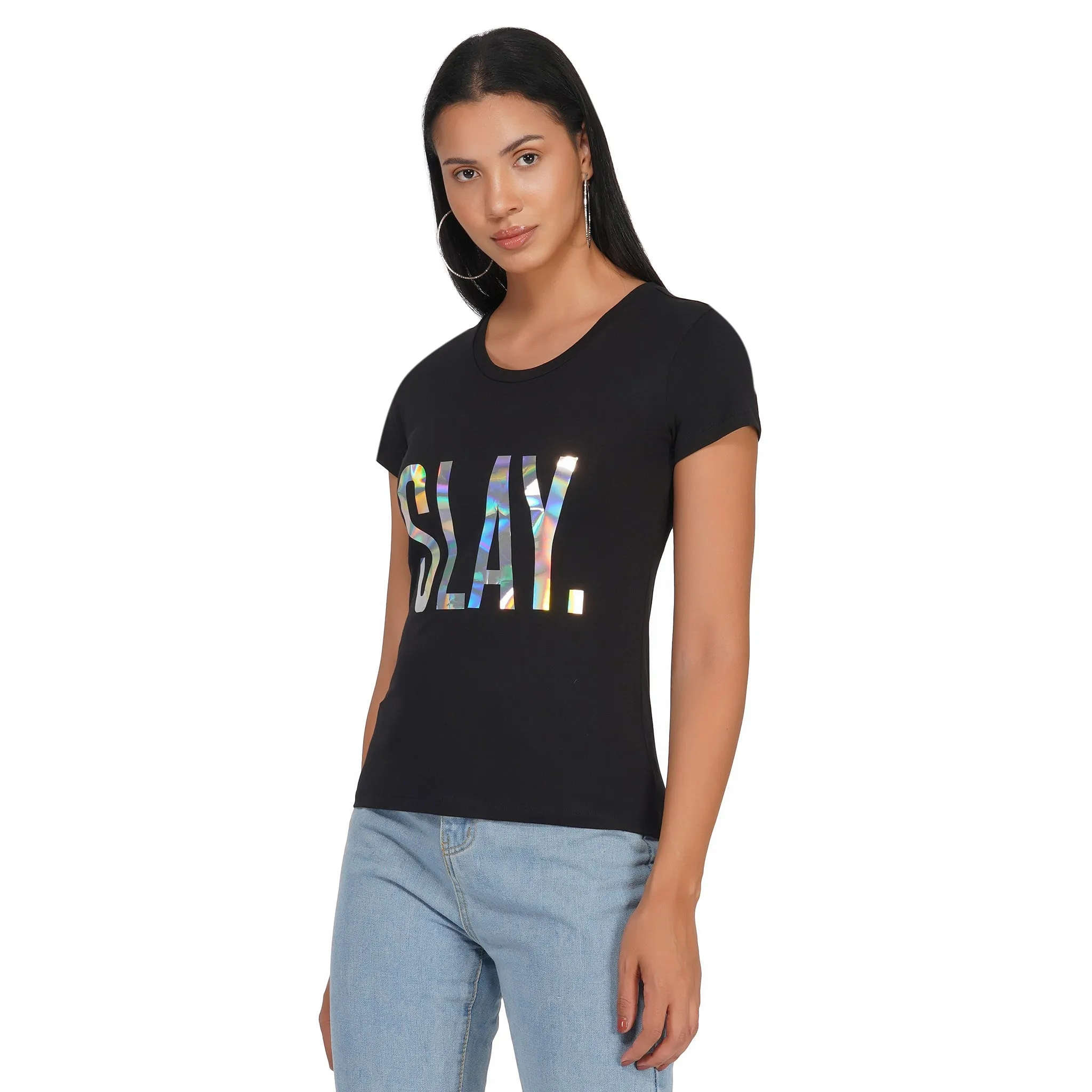 SLAY. Women's 💎 Edition Holographic Reflective Foil Print T-shirt