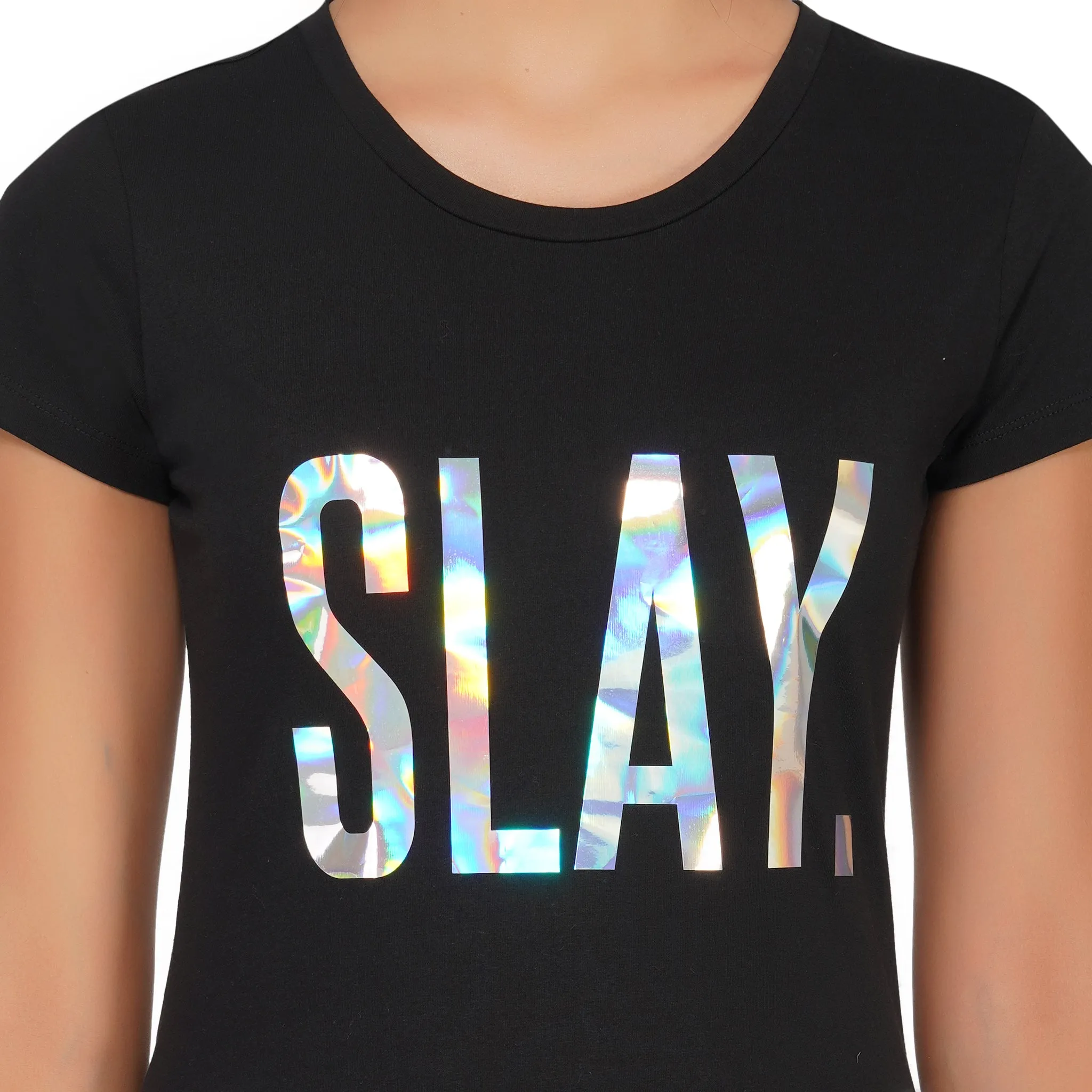 SLAY. Women's 💎 Edition Holographic Reflective Foil Print T-shirt