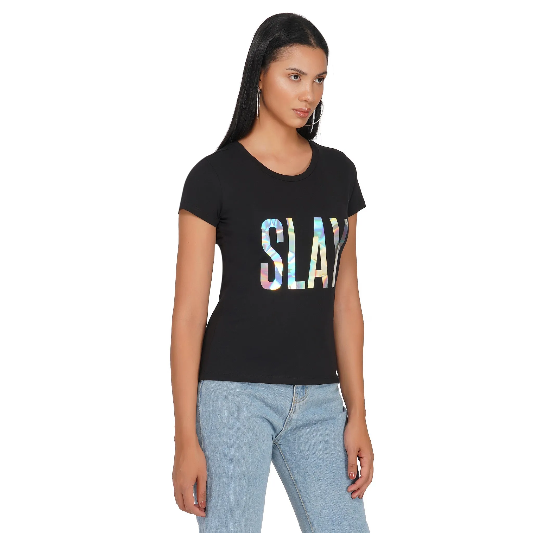 SLAY. Women's 💎 Edition Holographic Reflective Foil Print T-shirt