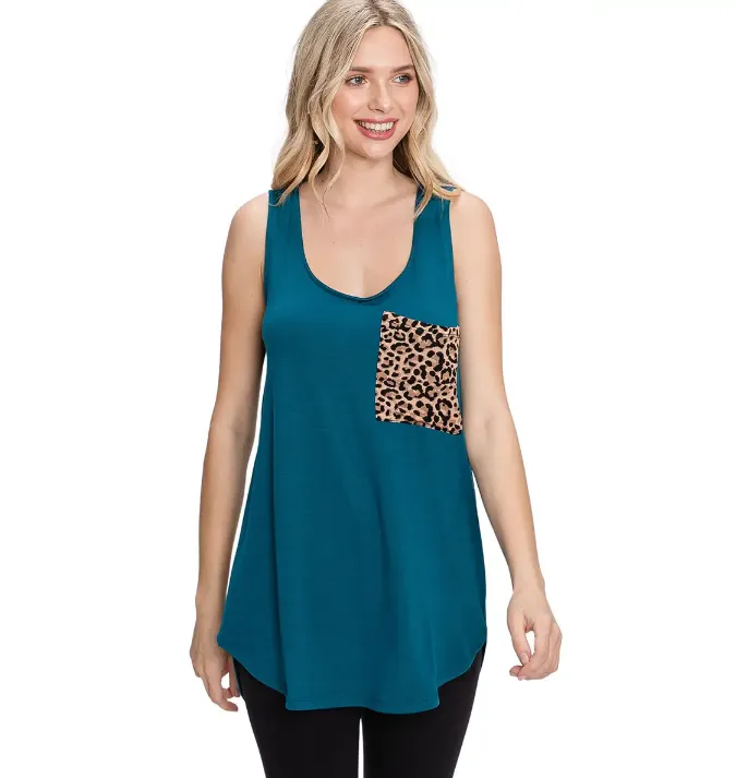 Sleeveless Top Leopard Print Pocket Tank Top