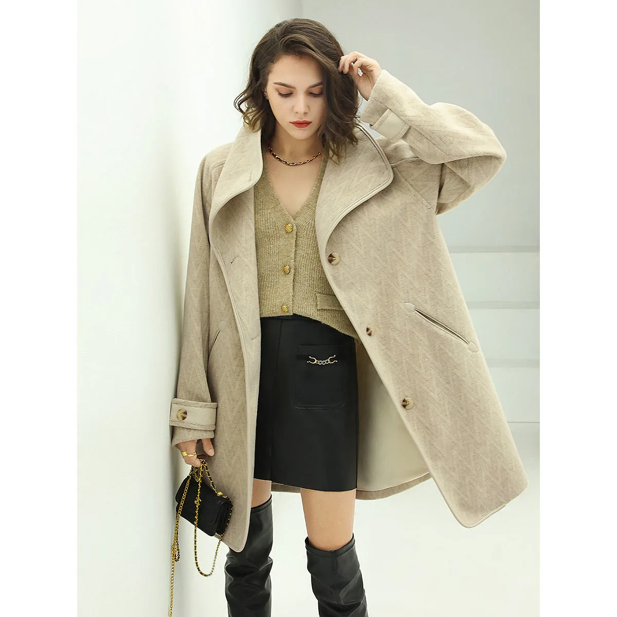 Structured Lapel Collar Herringbone Khaki Coat