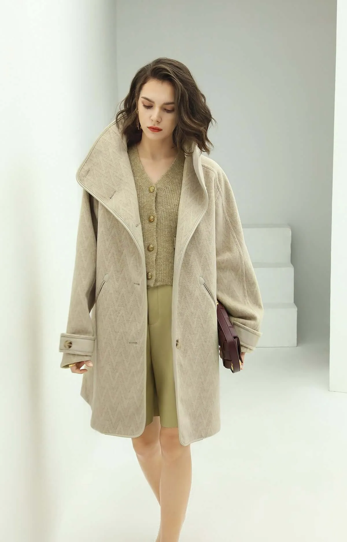 Structured Lapel Collar Herringbone Khaki Coat