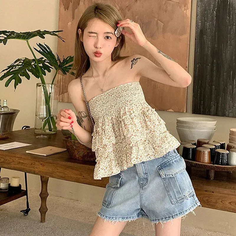 Sweet Splice High Waist Ruffled Frill Summer Fashion Floral Mini Skirt