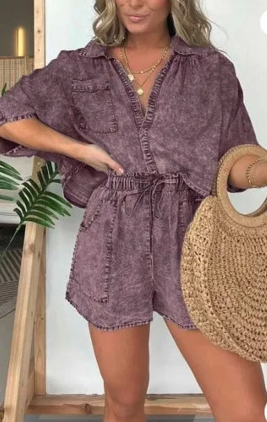 TEEK - Denim Washed Drawstring Waist Romper