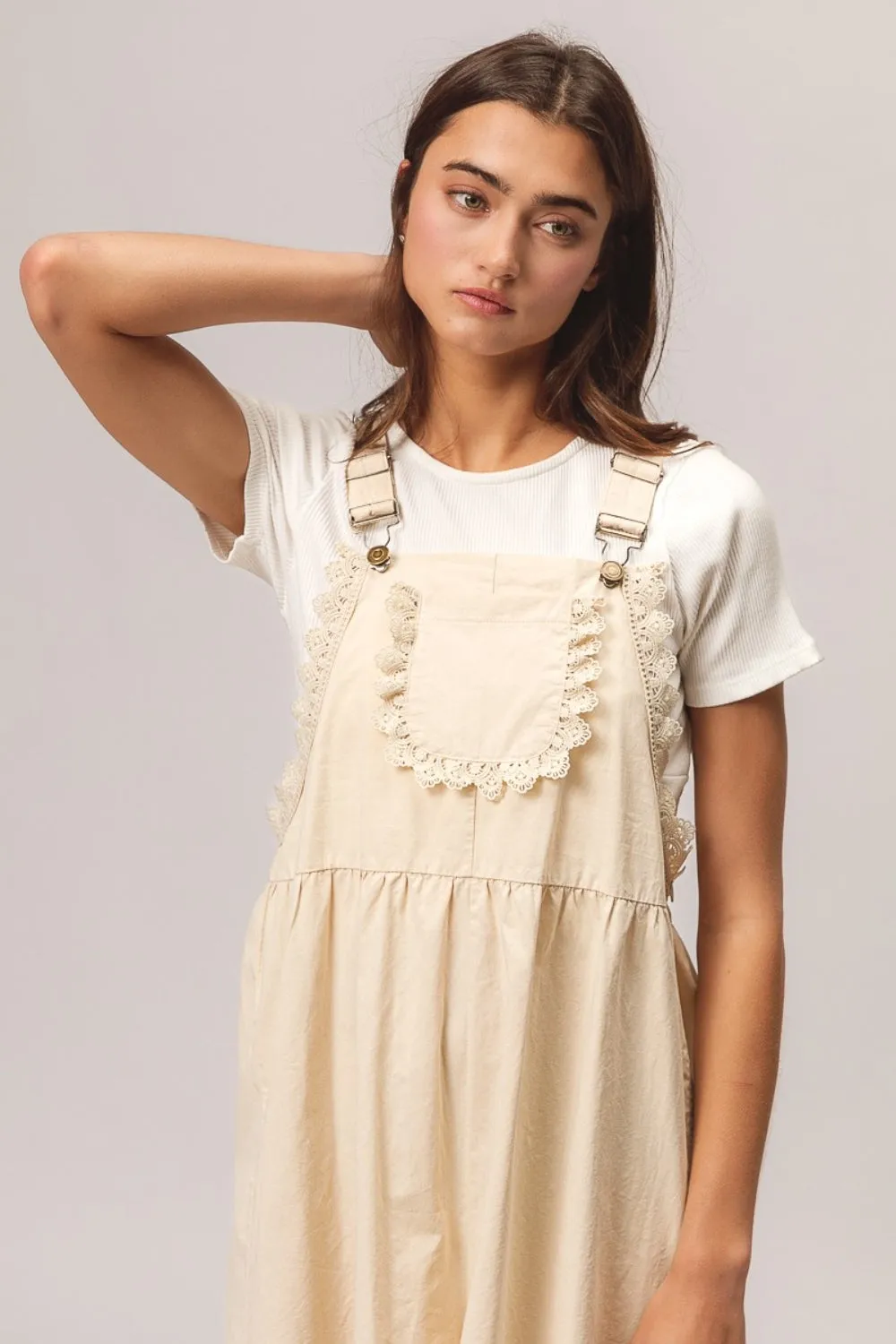 TEEK - Oatmeal Back Patch Pocket Lace Trim Romper